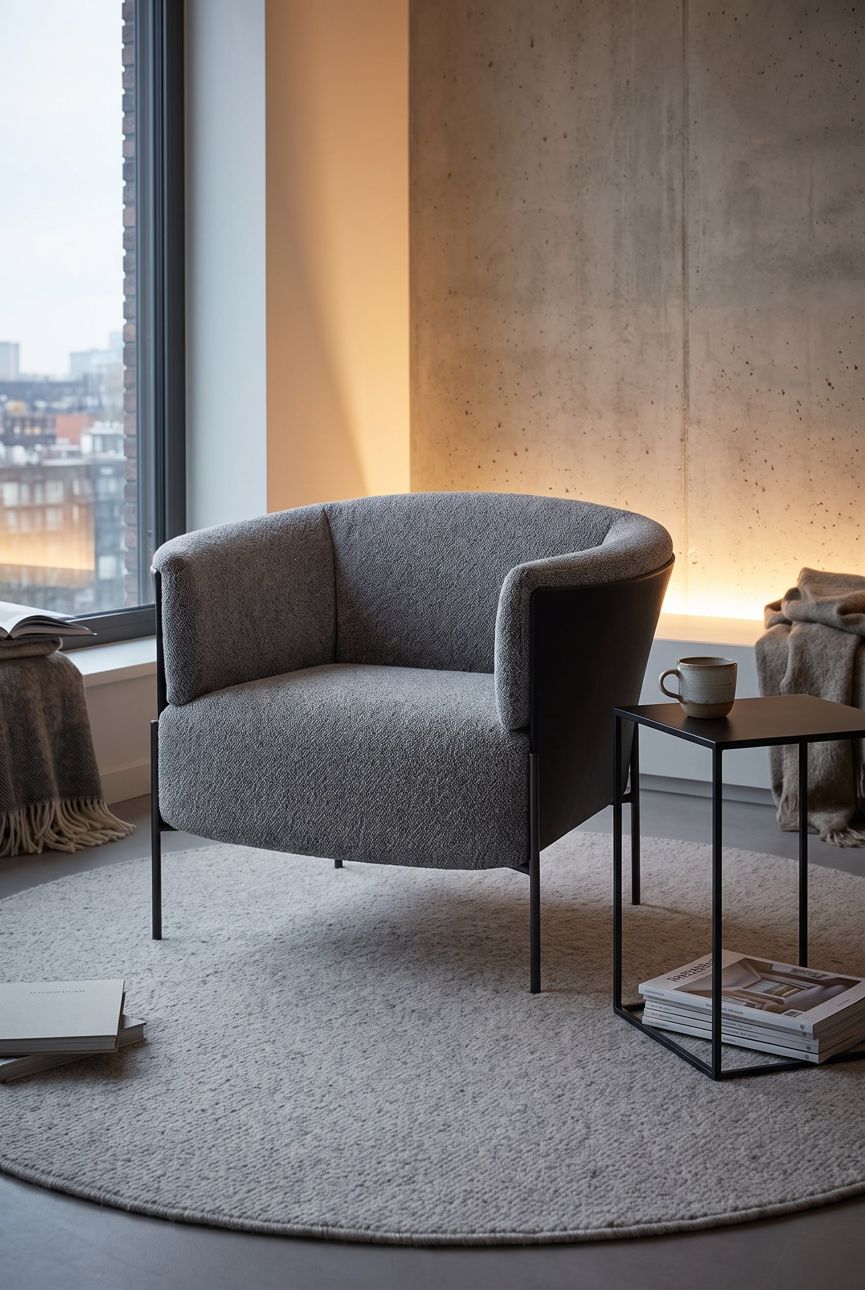 Coin lecture minimaliste avec fauteuil en tissu incurvé sur un tapis d'appoint rond à côté d'une table d'appoint