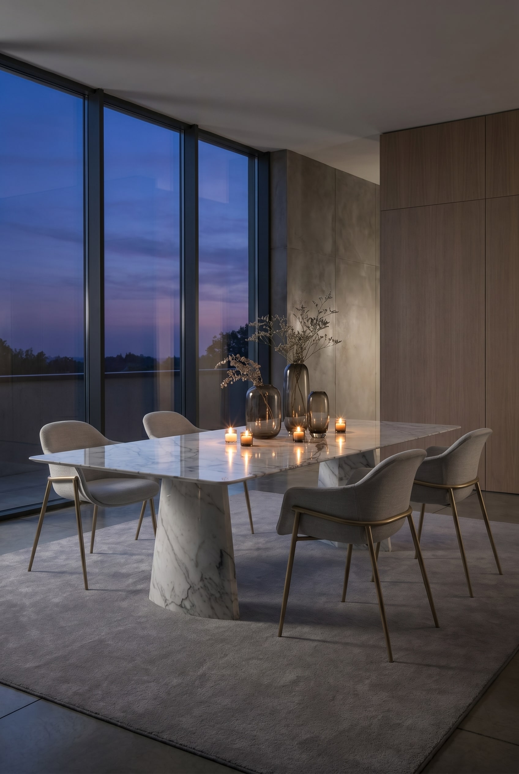 Salle à manger luxueuse dans la pénombre avec une table en marbre clair, des vases en verre fumé et de simples chaises gris foncé