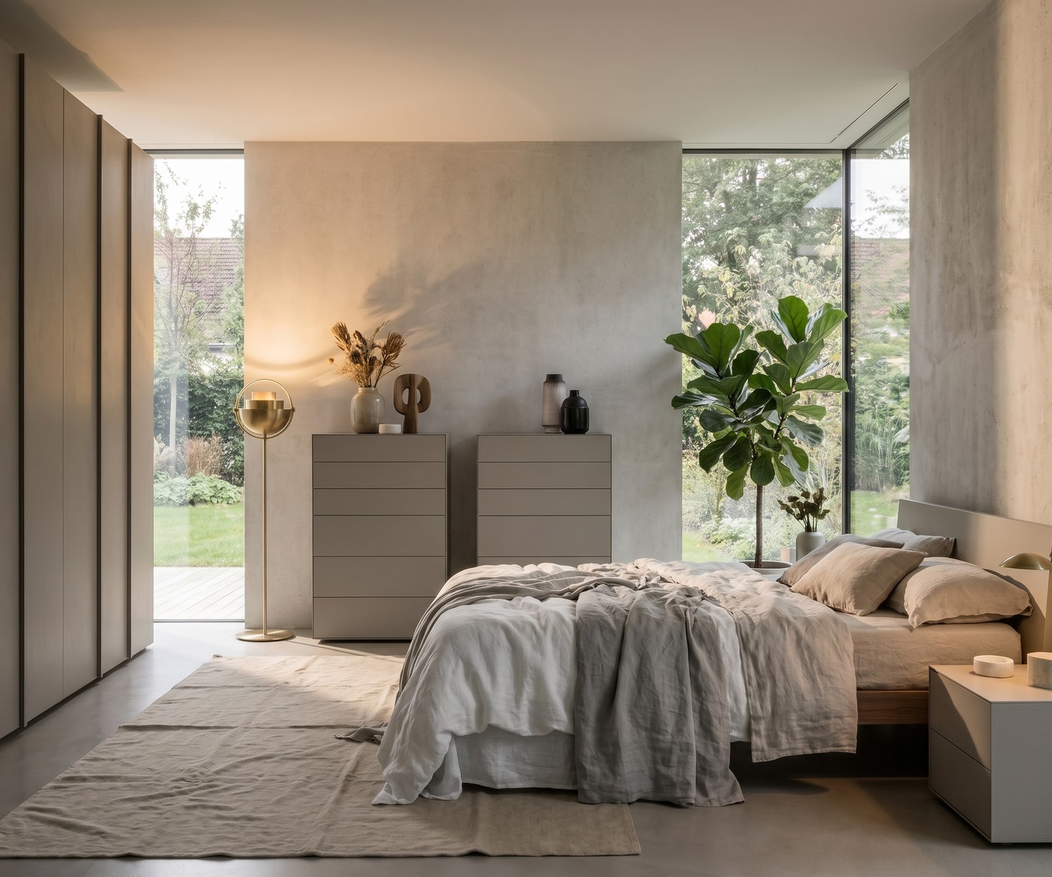 Livitalia Ecletto hoge ladenkast in de slaapkamer, lichtgrijze design commode met greeploze laden.