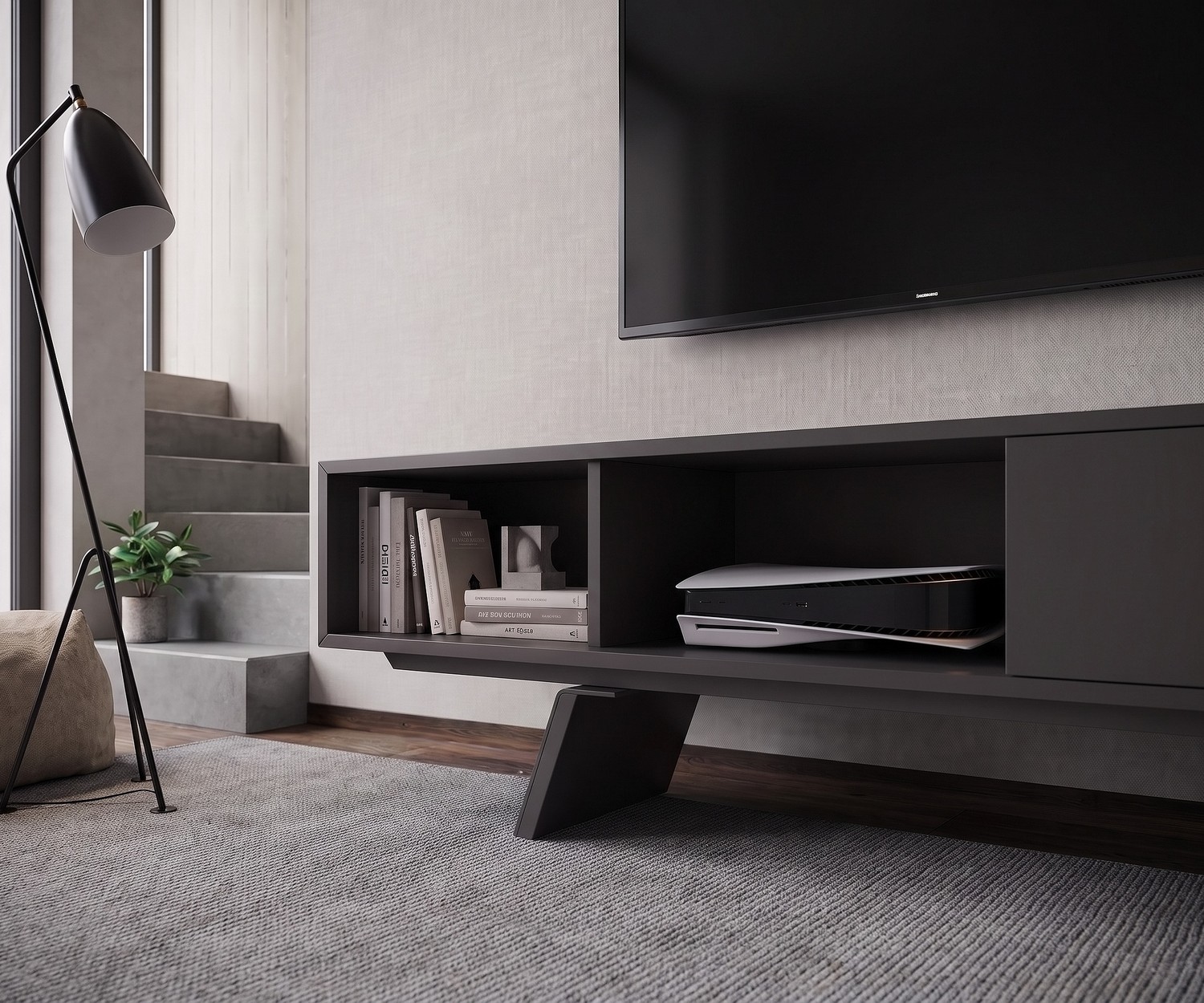 Meuble TV bas al2 e-klipse 005 design gris Meuble TV bas al2 e-klipse 005 dans un salon moderne. Lowboard design gris foncé avec niches pour console de jeux.
