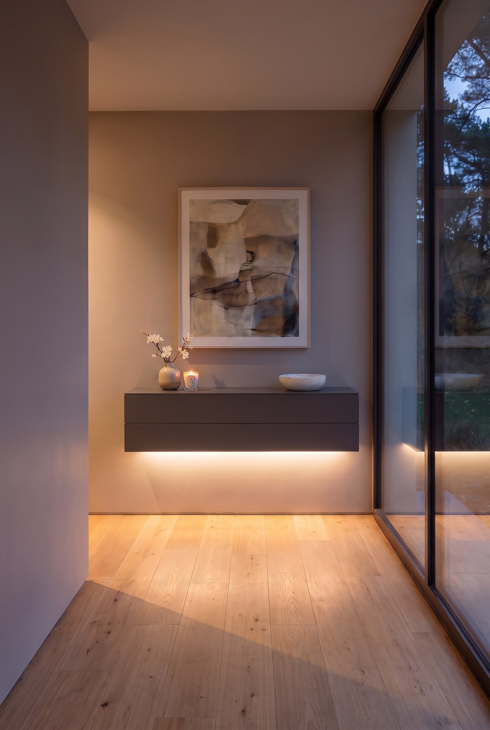 Vue frontale d'une commode d'entrée gris foncé avec une peinture murale abstraite, un éclairage LED indirect et un parquet en chêne.