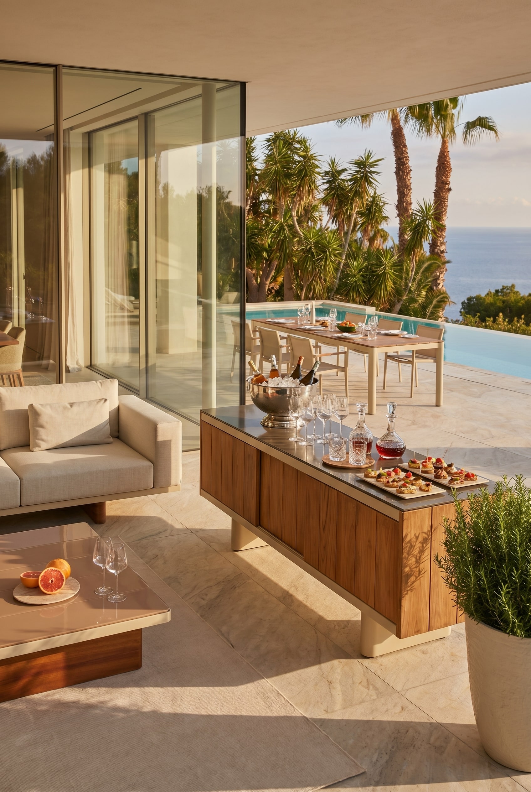 Terrasse &eacute;l&eacute;gante avec un buffet d'ext&eacute;rieur en teck servant de station de service et une table &agrave; manger en arri&egrave;re-plan