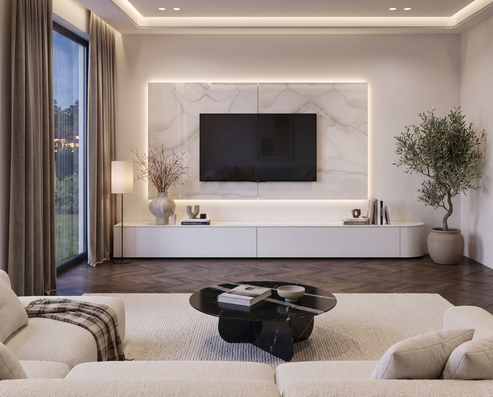 TV Paneel Keramik Schwarz B 240 cm mit Fernseher im Wohnzimmer TV Paneel Keramik Schwarz B 240 cm mit Fernseher im Wohnzimmer