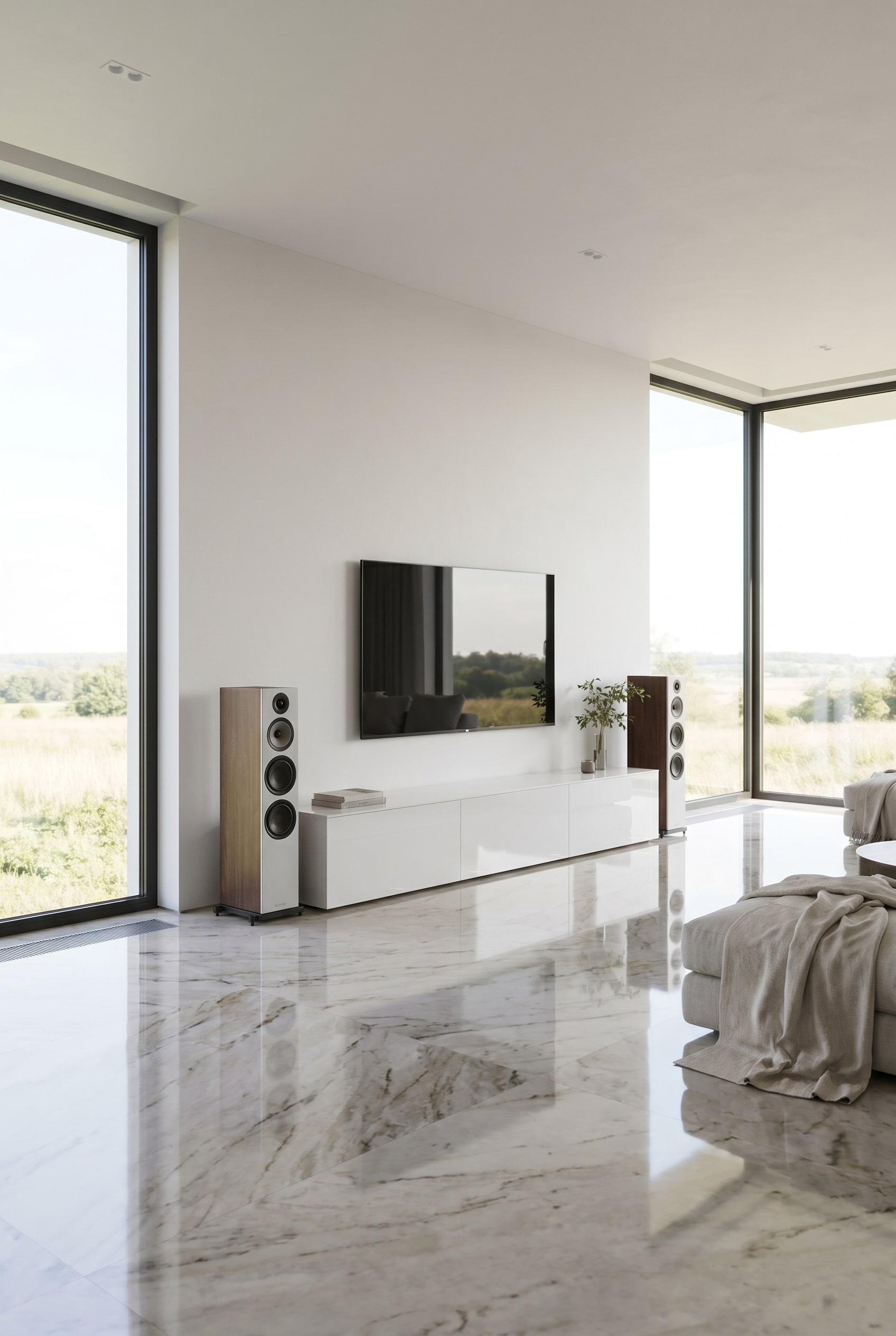 Salon spacieux avec un long meuble TV bas blanc laqu&eacute; et des enceintes haut de gamme parfaitement sym&eacute;triques
