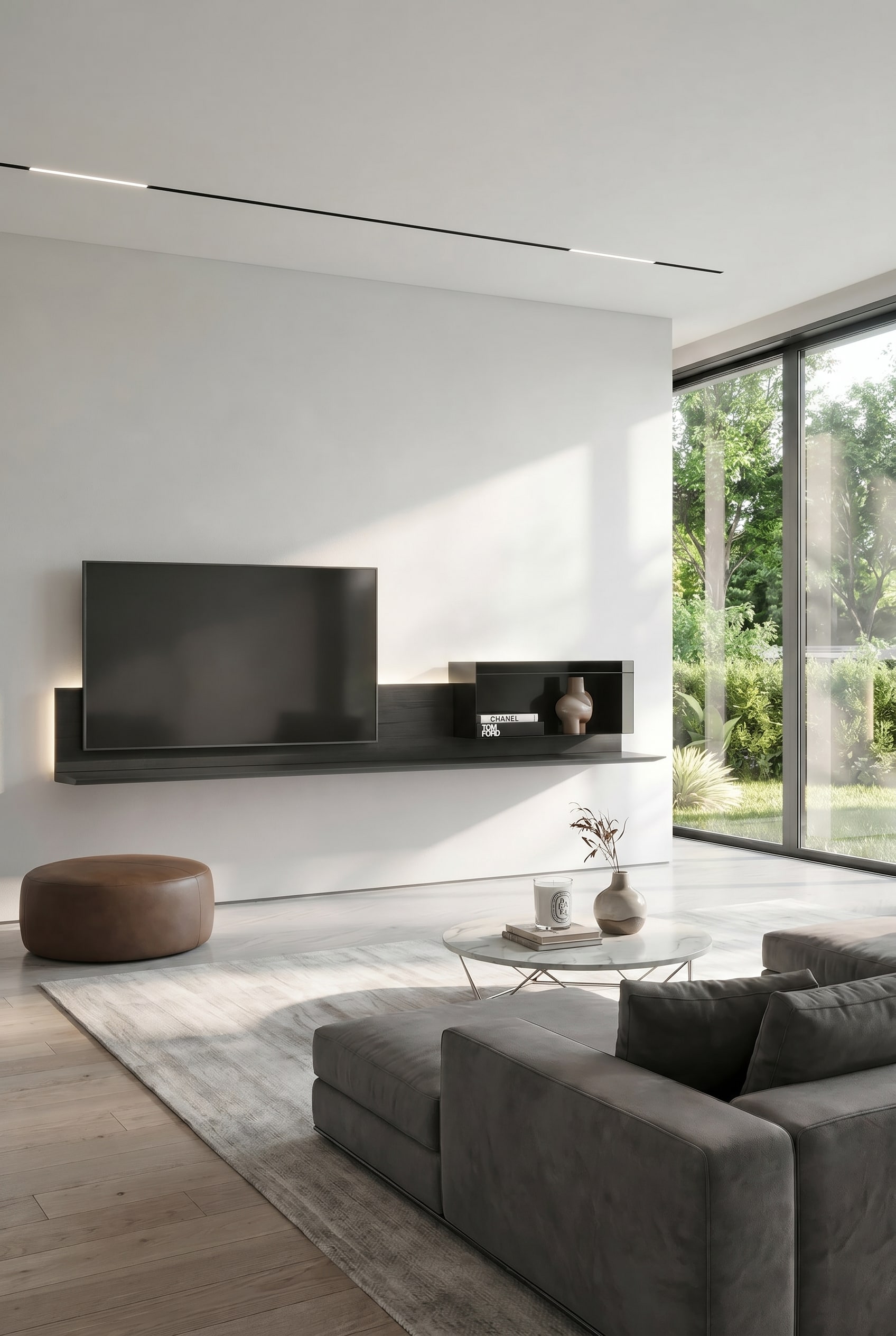 Meuble TV mural flottant avec 20 centimètres d'espace au sol dans un salon moderne Meuble TV mural flottant avec 20 centimètres d'espace au sol dans un salon moderne