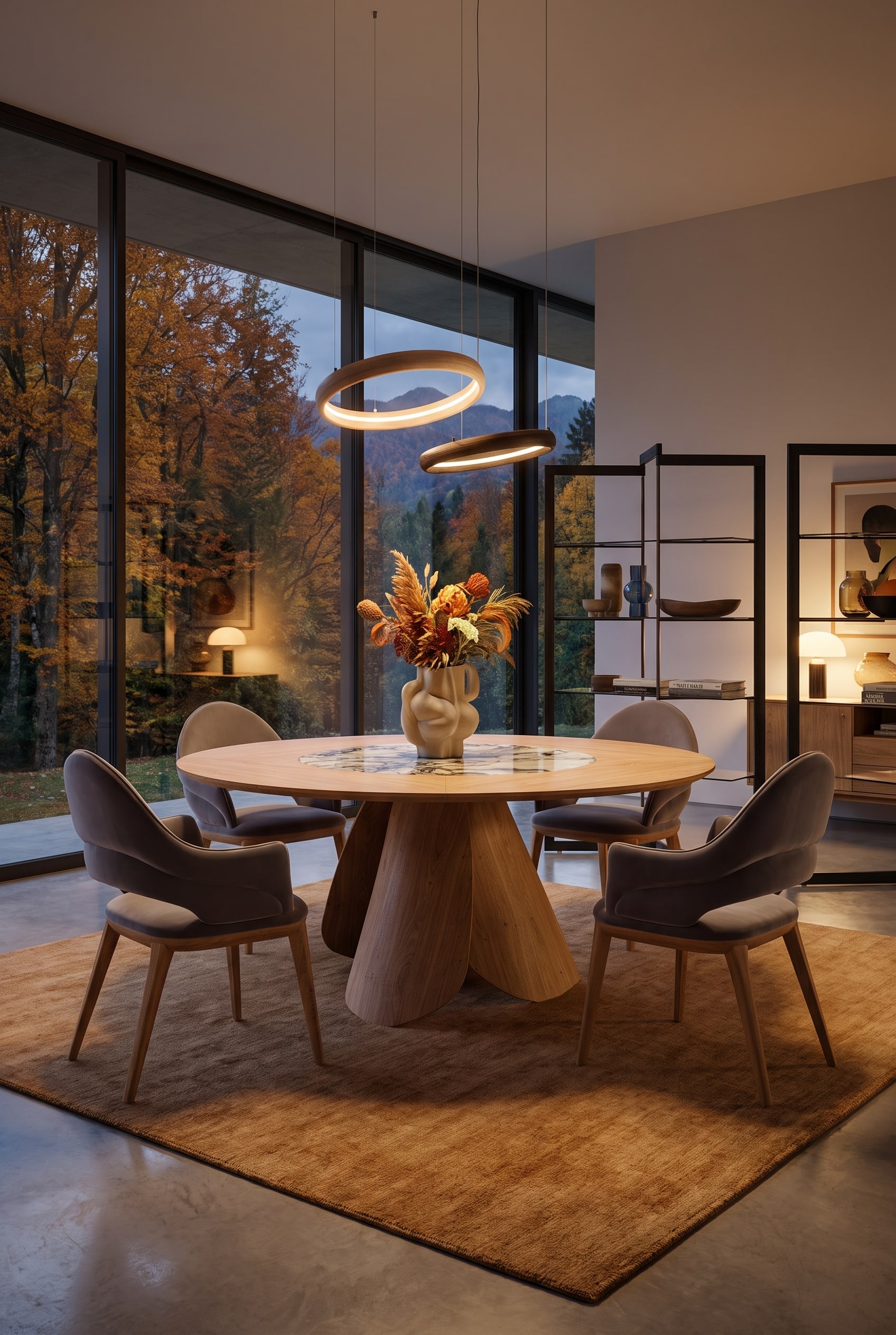 Table &agrave; manger ronde avec un plateau en c&eacute;ramique imitation marbre, combin&eacute;e &agrave; des chaises Mid-Century devant une grande baie vitr&eacute;e.