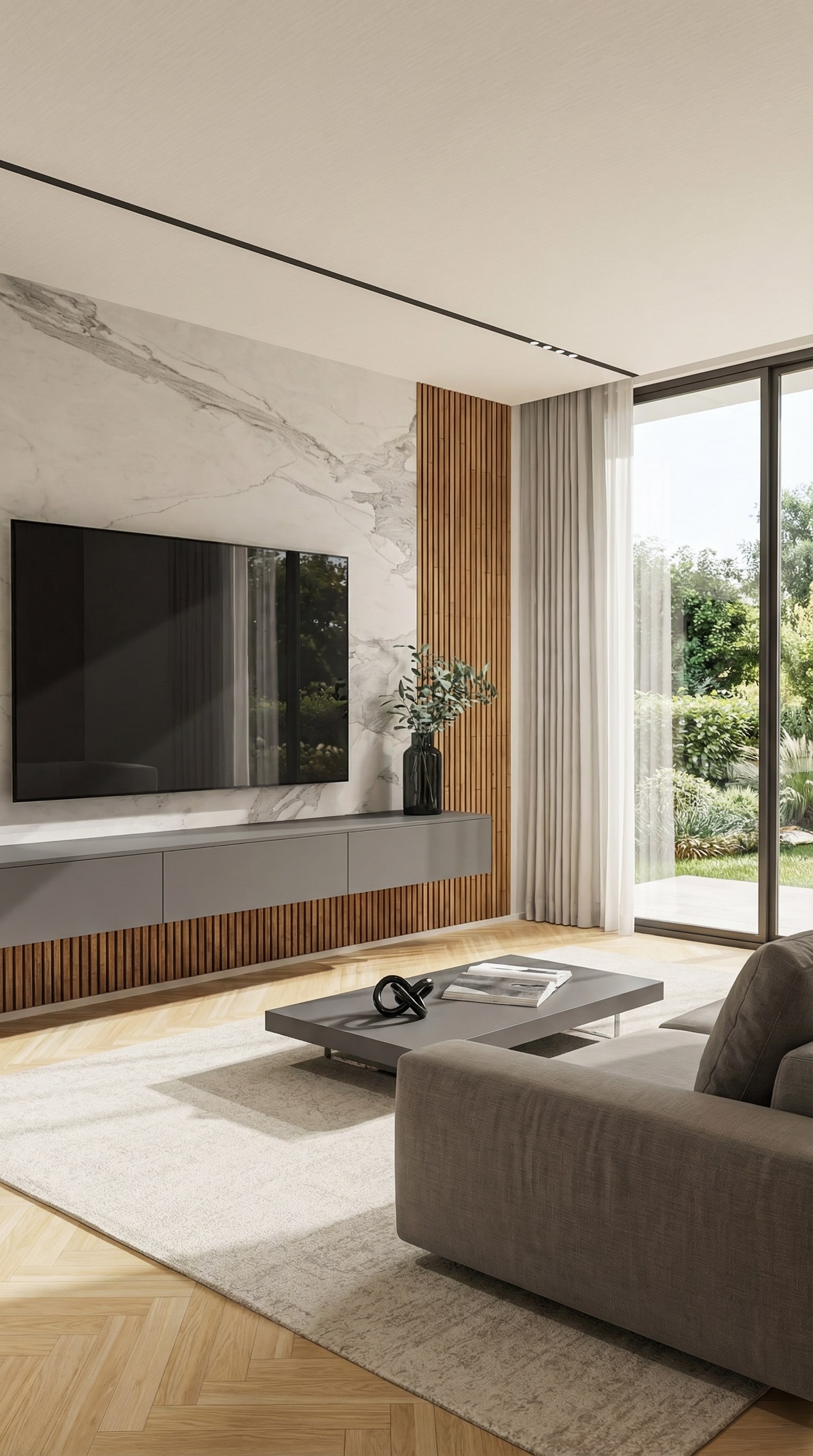 Livitalia Wohnwand C103 mit vertikalen Holzlamellen und Rückwand in edler Marmoroptik Livitalia Wohnwand C103 mit vertikalen Holzlamellen und Rückwand in edler Marmoroptik