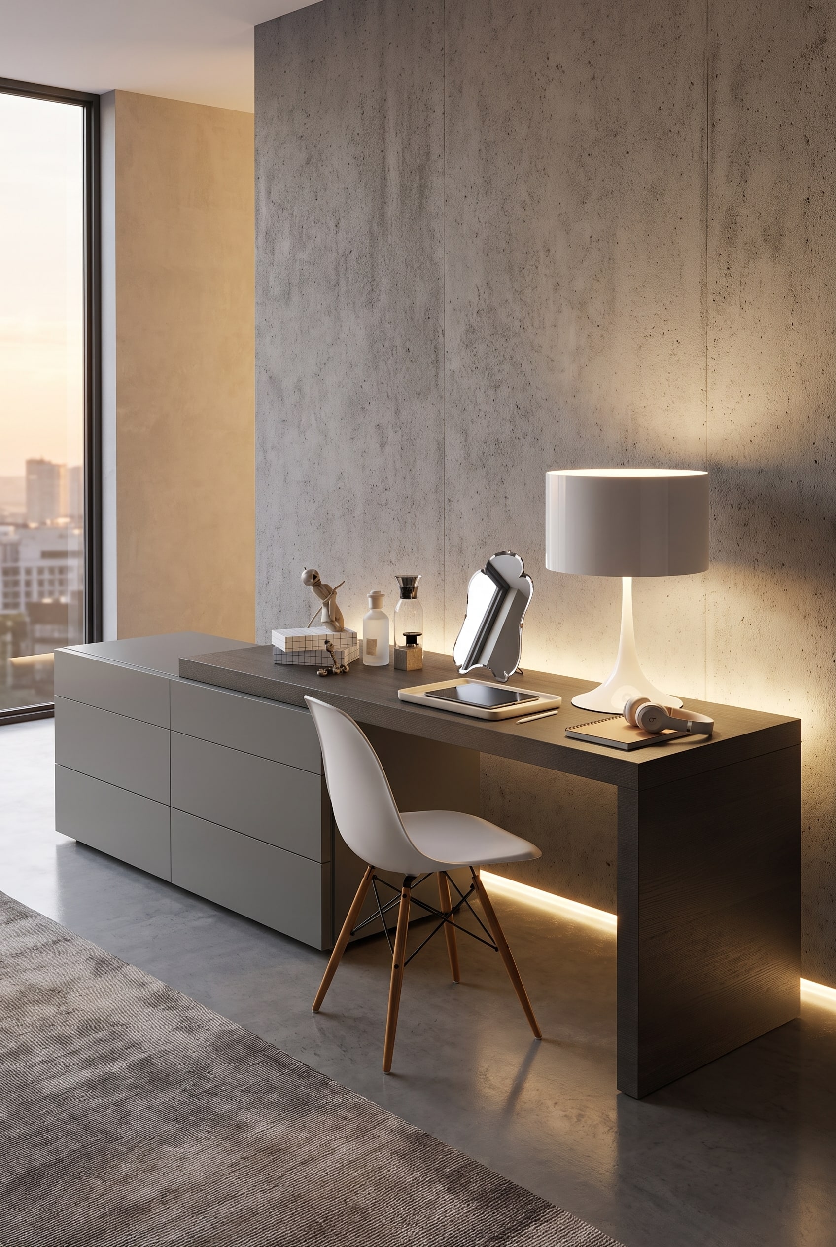 Espace de travail dans une chambre d'adolescent avec une commode à tiroirs grise, sur laquelle repose sans joint un plateau de bureau en chêne foncé
