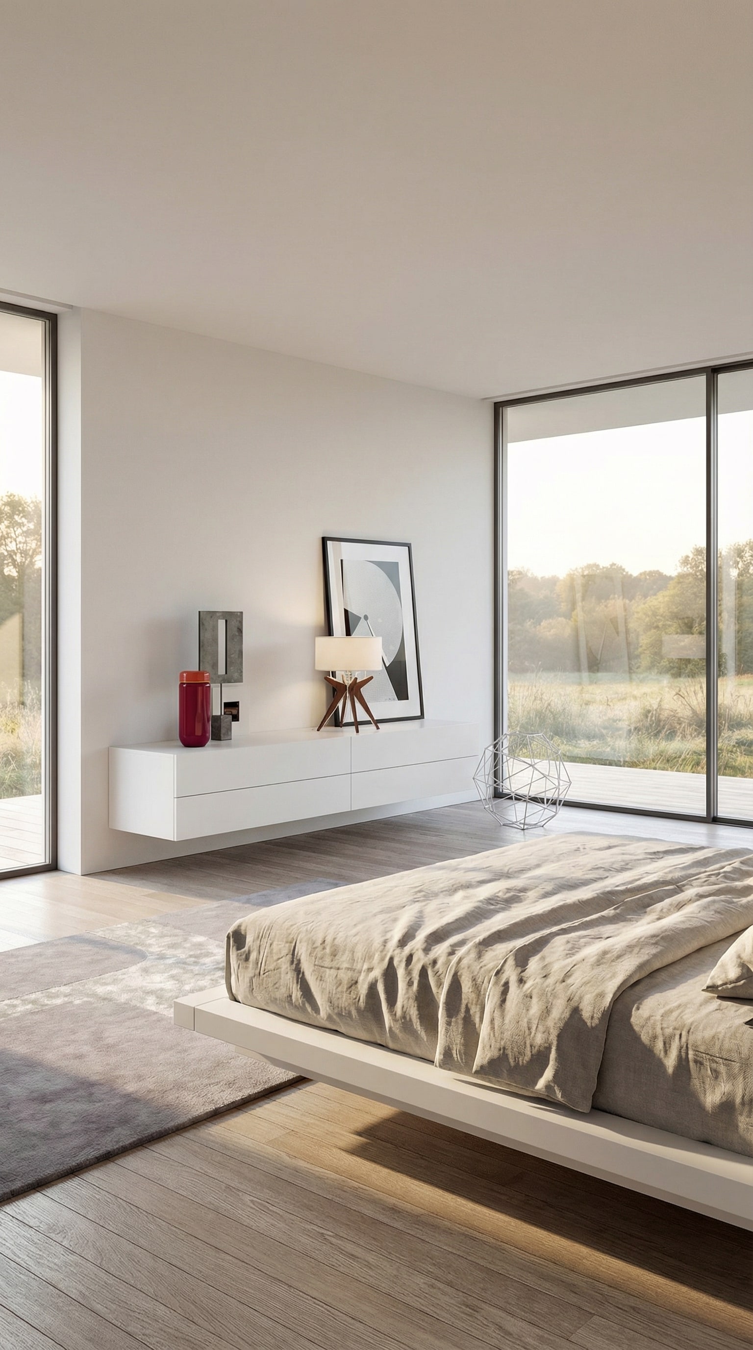 Weiße, minimalistische Hängekommode mit 4 Schubladen, die in einem modernen Raum an der Wand schwebt. Weiße, minimalistische Hängekommode mit 4 Schubladen, die in einem modernen Raum an der Wand schwebt.