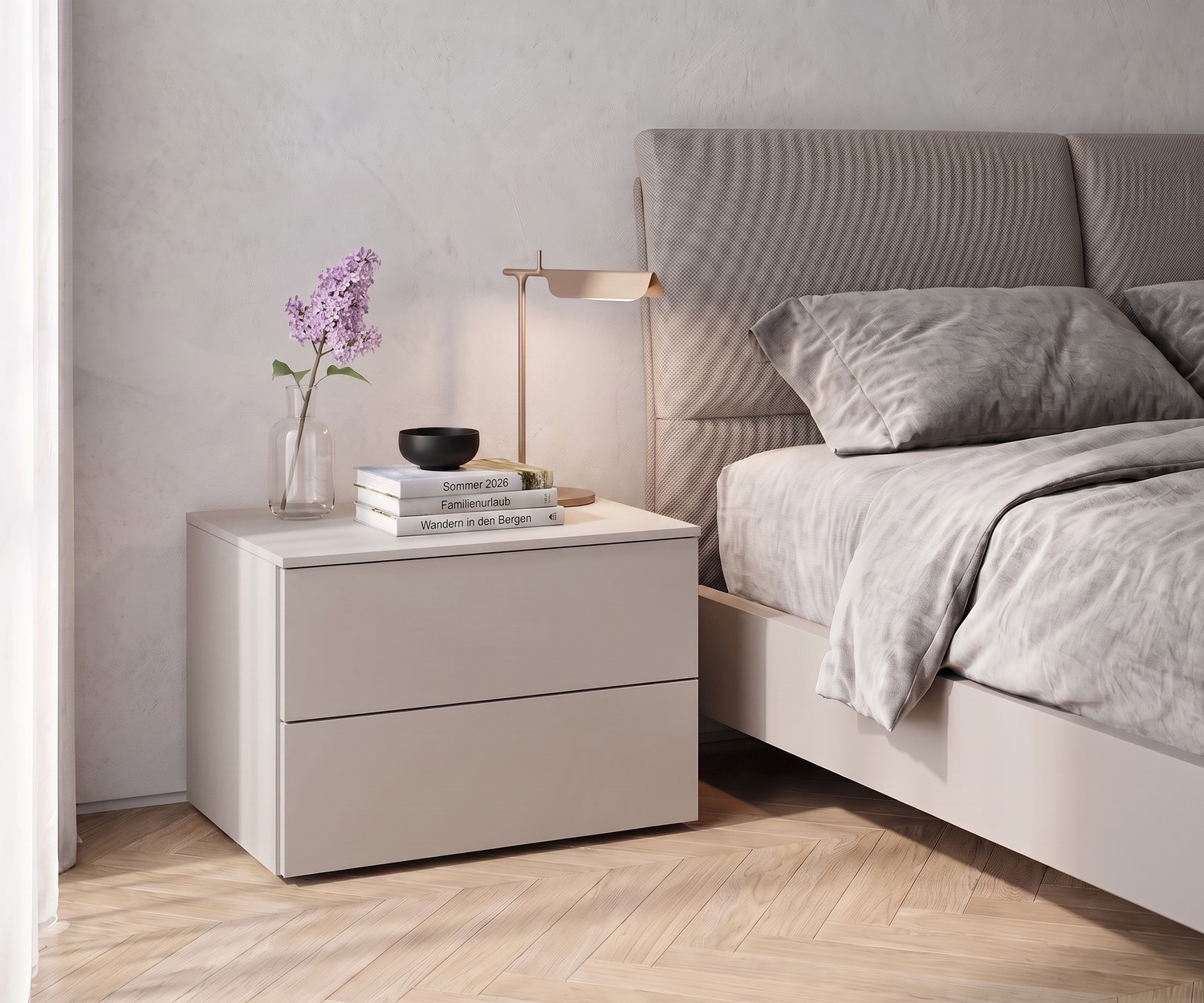 Table de chevet design minimaliste beige Livitalia Atena Table de chevet Livitalia Atena pour la chambre : table de nuit beige minimaliste avec tiroirs de style moderne.