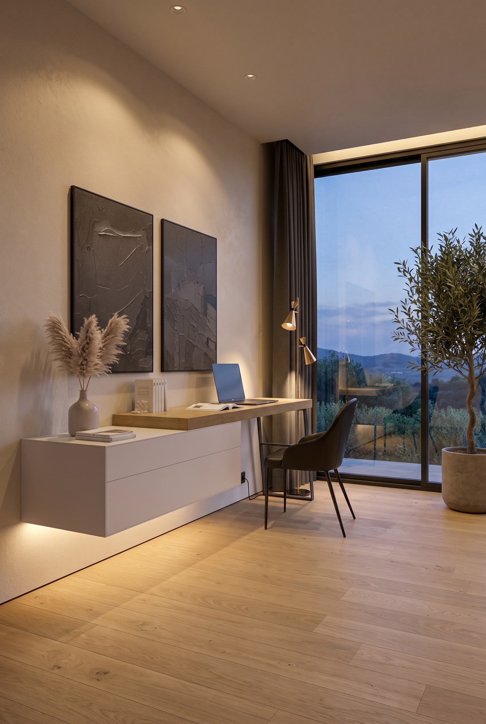 Bureau compact avec une commode murale blanche flottante Livitalia Ecletto et un bureau