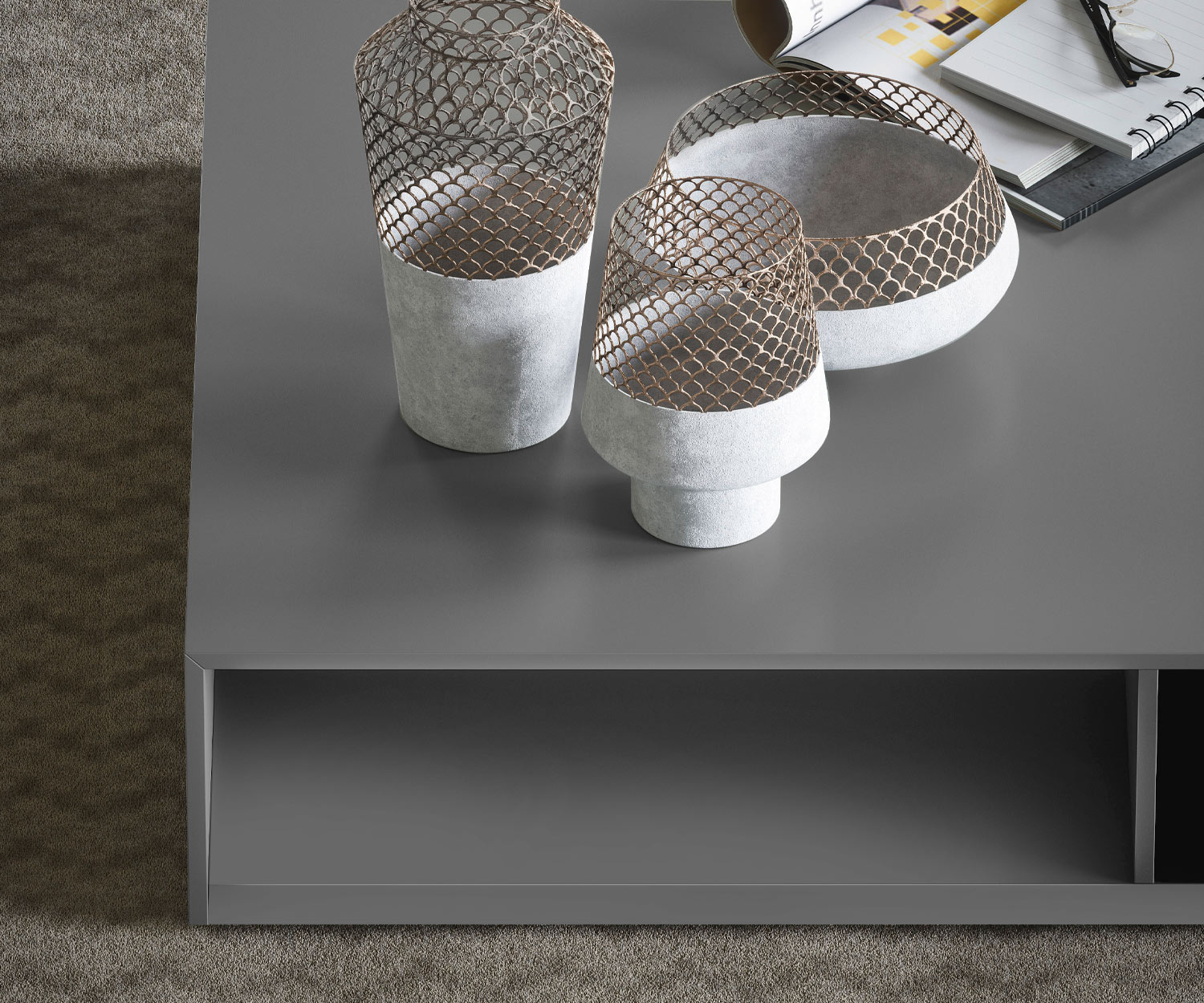 Détail plateau de table compartiment ouvert salon design table basse ombre Détail plateau de table compartiment ouvert salon design table basse ombre