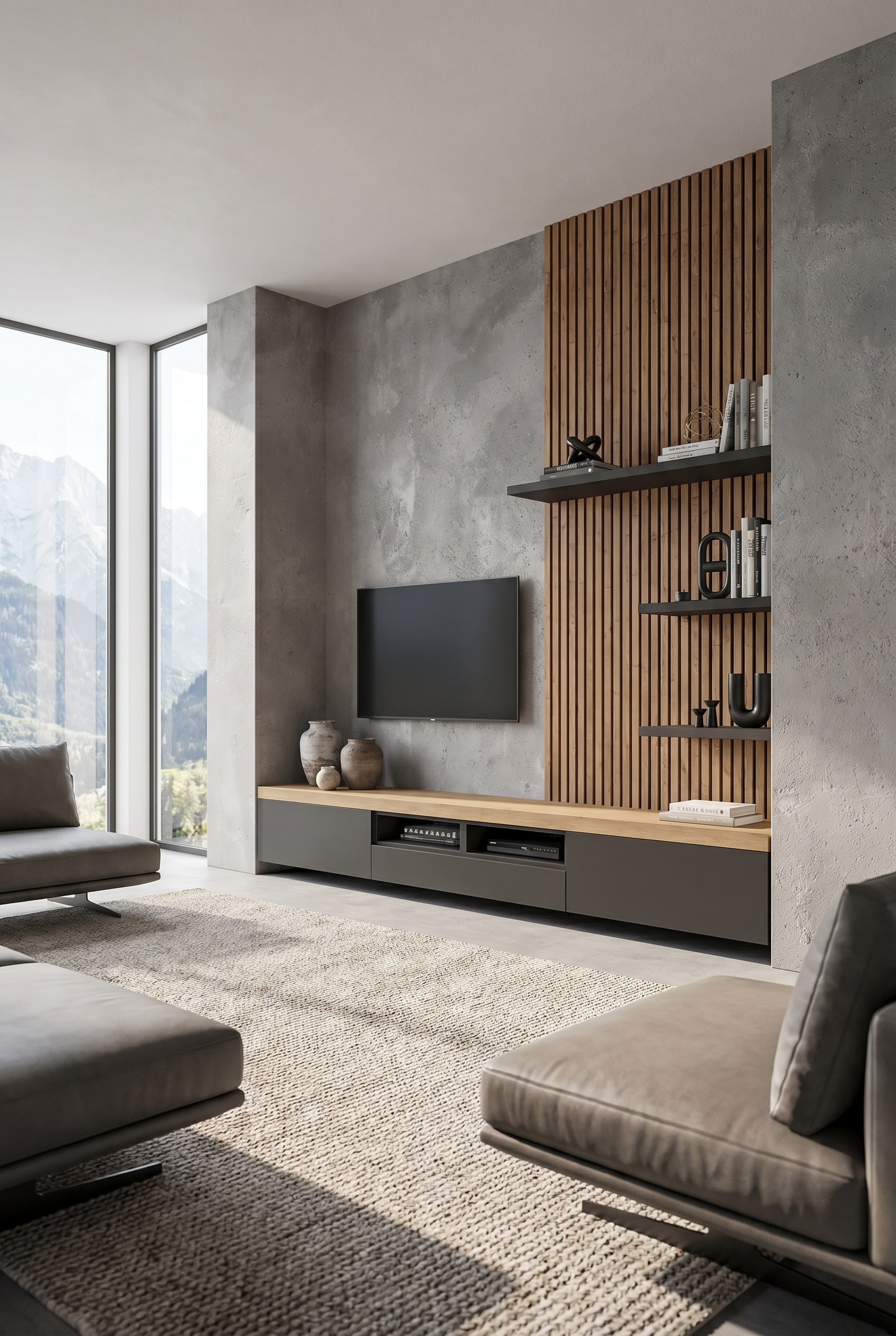 Long lowboard sur mesure en gris mat, occupant toute la largeur du mur d'un salon minimaliste Long lowboard sur mesure en gris mat, occupant toute la largeur du mur d'un salon minimaliste