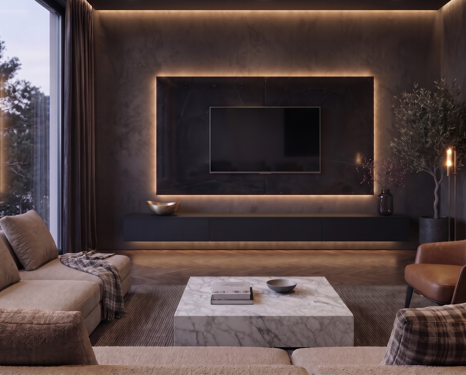 TV Paneel Keramik Schwarz B 240 cm mit Fernseher im Wohnzimmer TV Paneel Keramik Schwarz B 240 cm mit Fernseher im Wohnzimmer