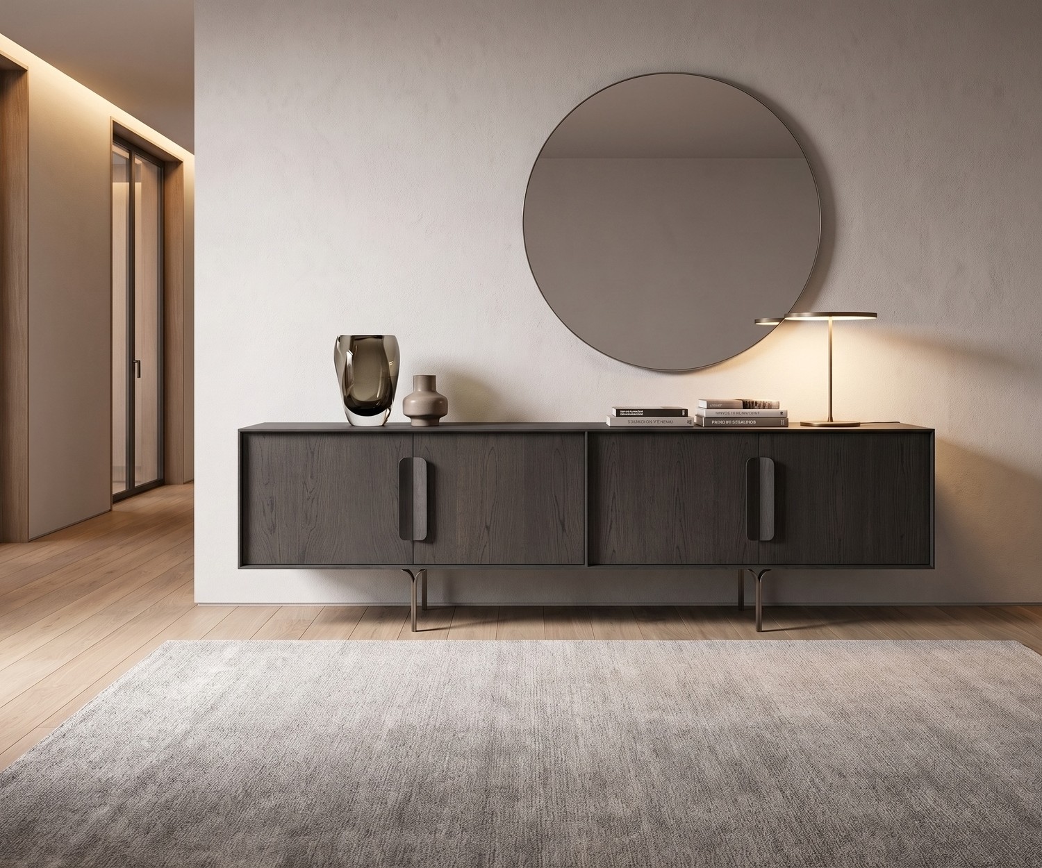 al2 Mobius 003 design dressoir van donker eiken al2 Mobius 003 design dressoir van donker eikenhout in een minimalistische woonkamer onder een grote ronde wandspiegel.