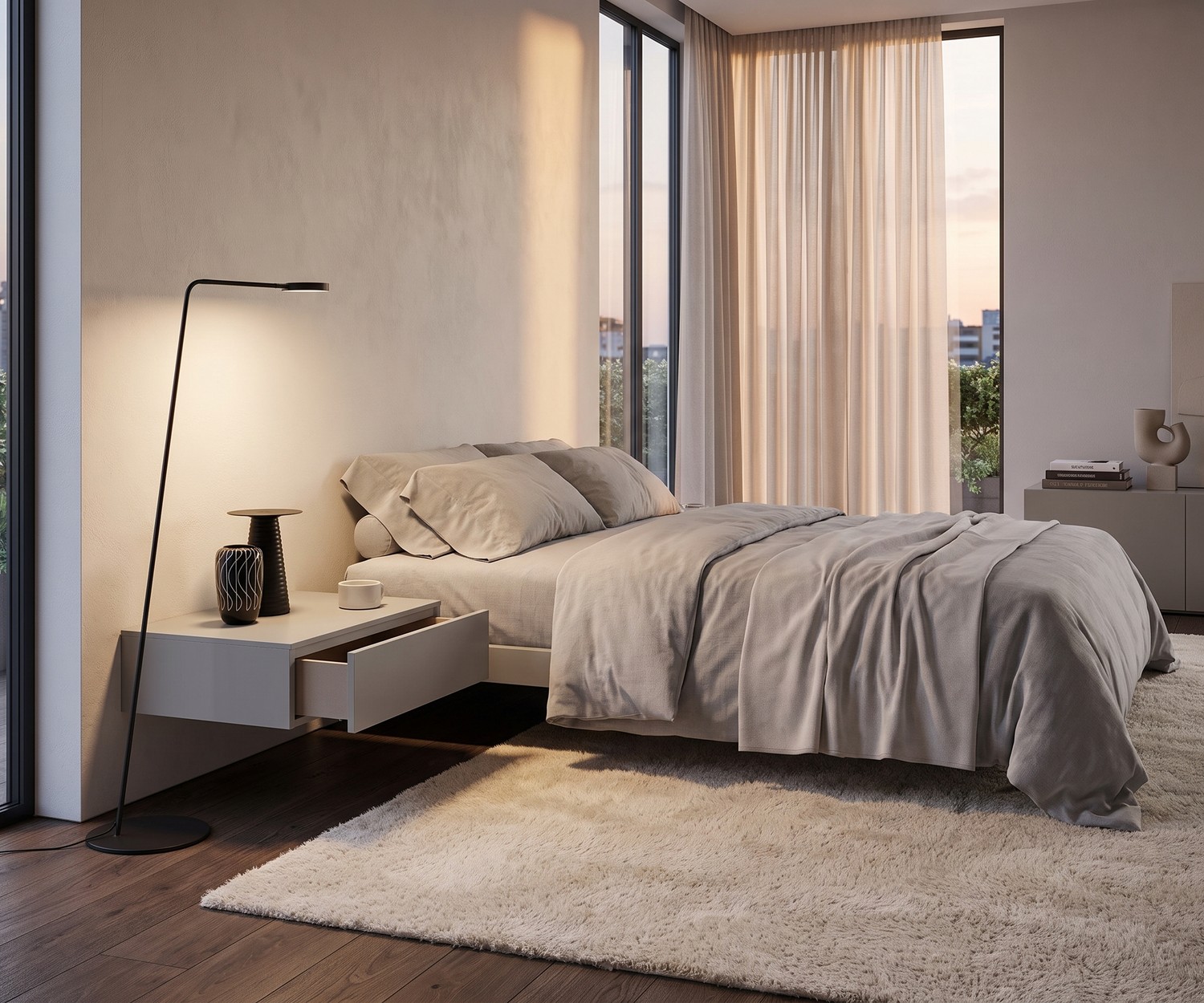 Table de chevet suspendue Novamobili Easy 1 dans une chambre moderne, beige clair, design sans poignée avec tiroir ouvert.