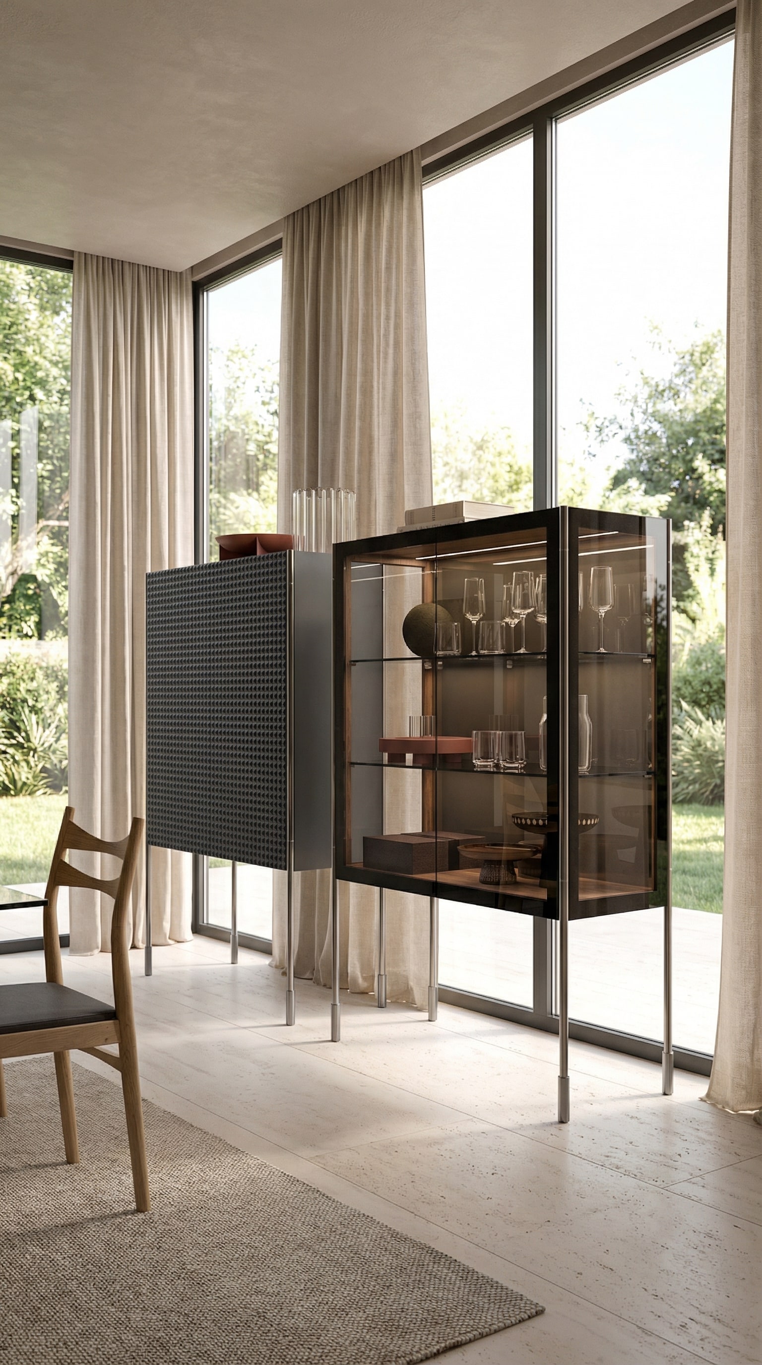 Zwart highboard gecombineerd met een elegante glazen vitrine in een lichte ruimte Zwart highboard gecombineerd met een elegante glazen vitrine in een lichte ruimte
