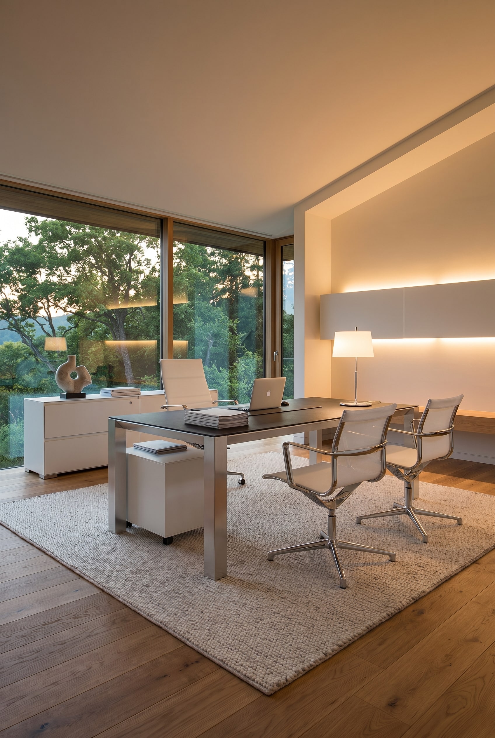 Bureau de direction spacieux avec un large bureau en aluminium et cuir, accompagné de fenêtres pleine hauteur et d'un tapis clair