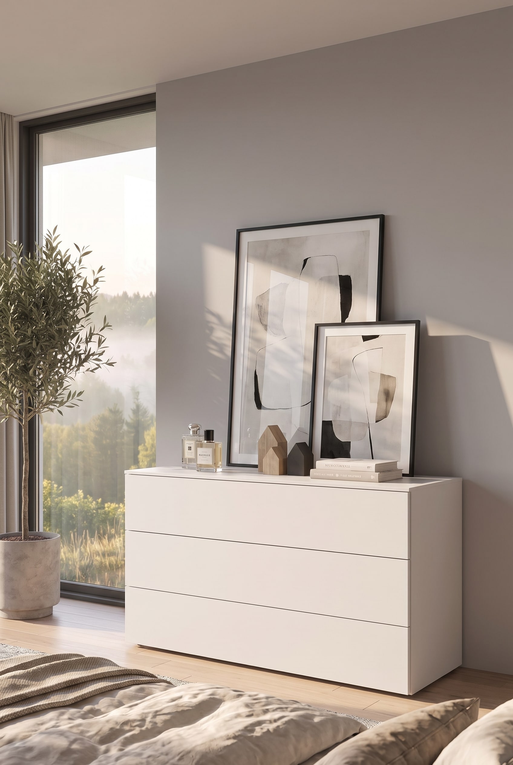 Deux œuvres d'art modernes encadrées de tailles différentes, légèrement superposées et appuyées contre le mur sur le plateau d'une commode design épurée.