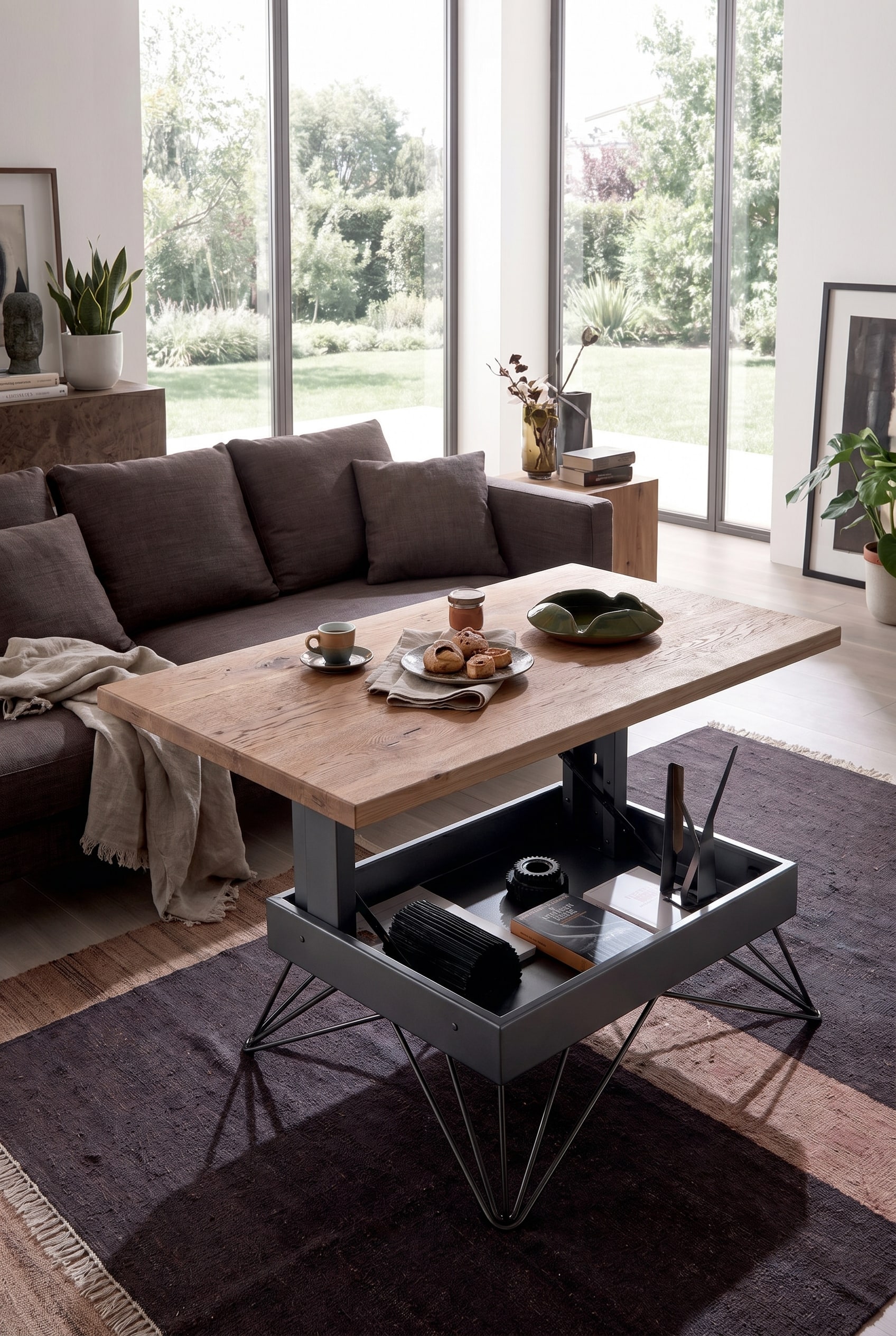Salon avec canapé marron foncé et une table basse réglable en hauteur avec un plateau en bois épais sur un piètement métallique géométrique
