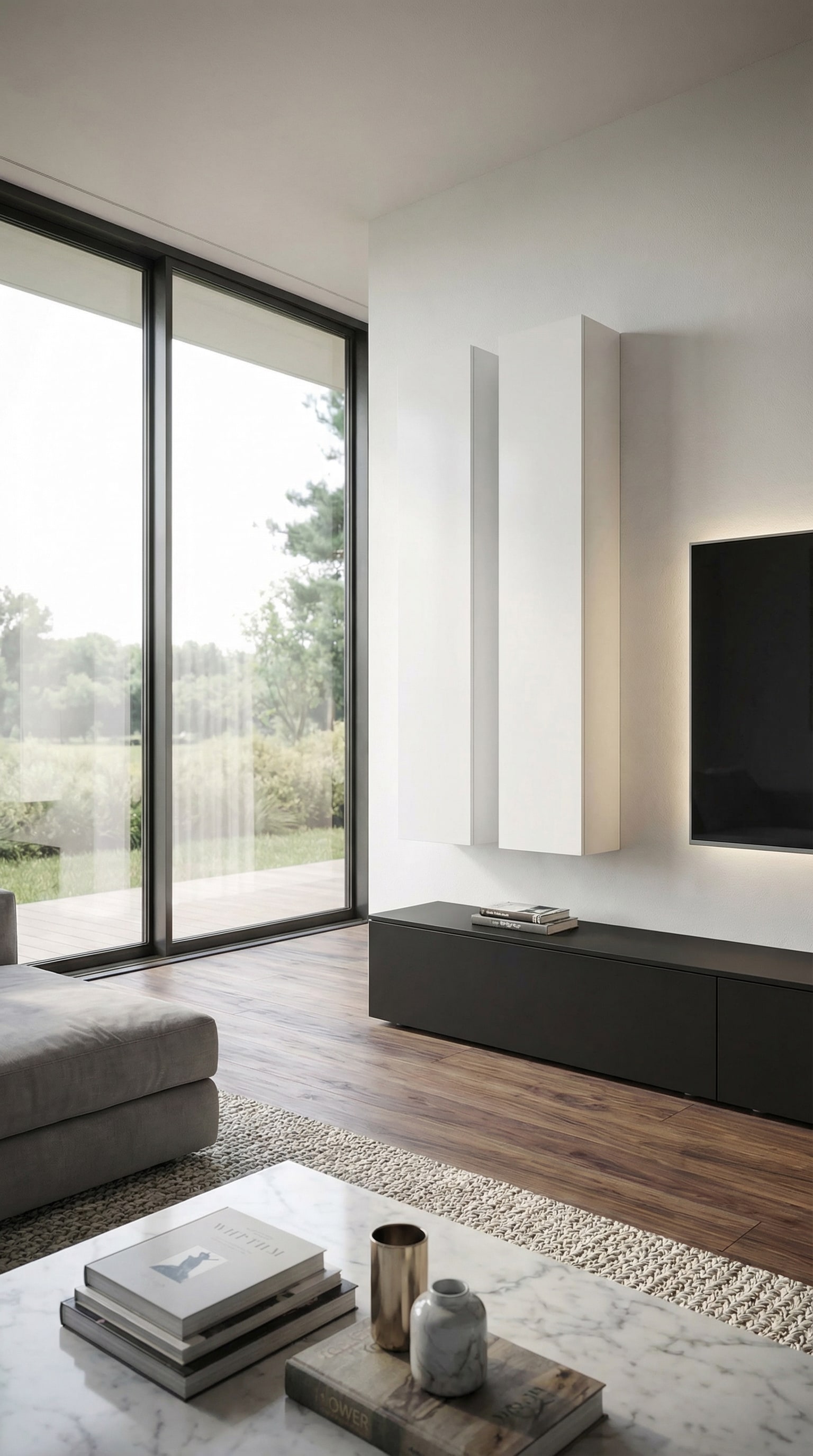 Komplett wandhängende Livitalia Wohnwand C106 in einem minimalistischen Wohnzimmer Komplett wandhängende Livitalia Wohnwand C106 in einem minimalistischen Wohnzimmer