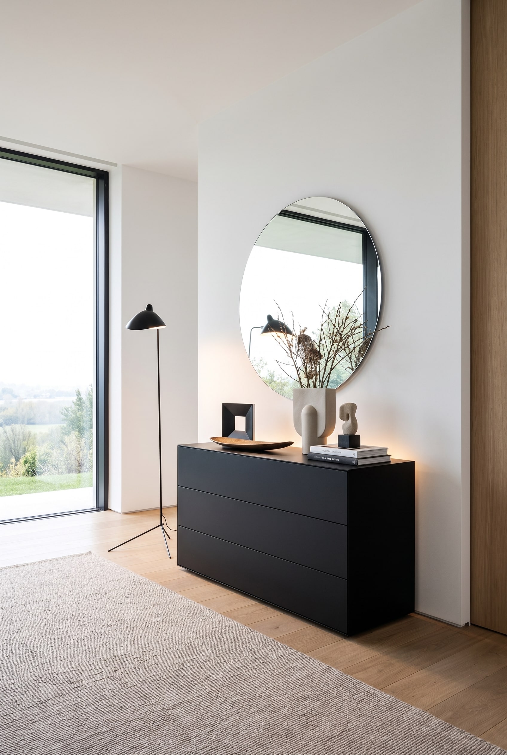 Une commode noire mate dans un couloir moderne et lumineux, placée directement sous un grand miroir mural rond.