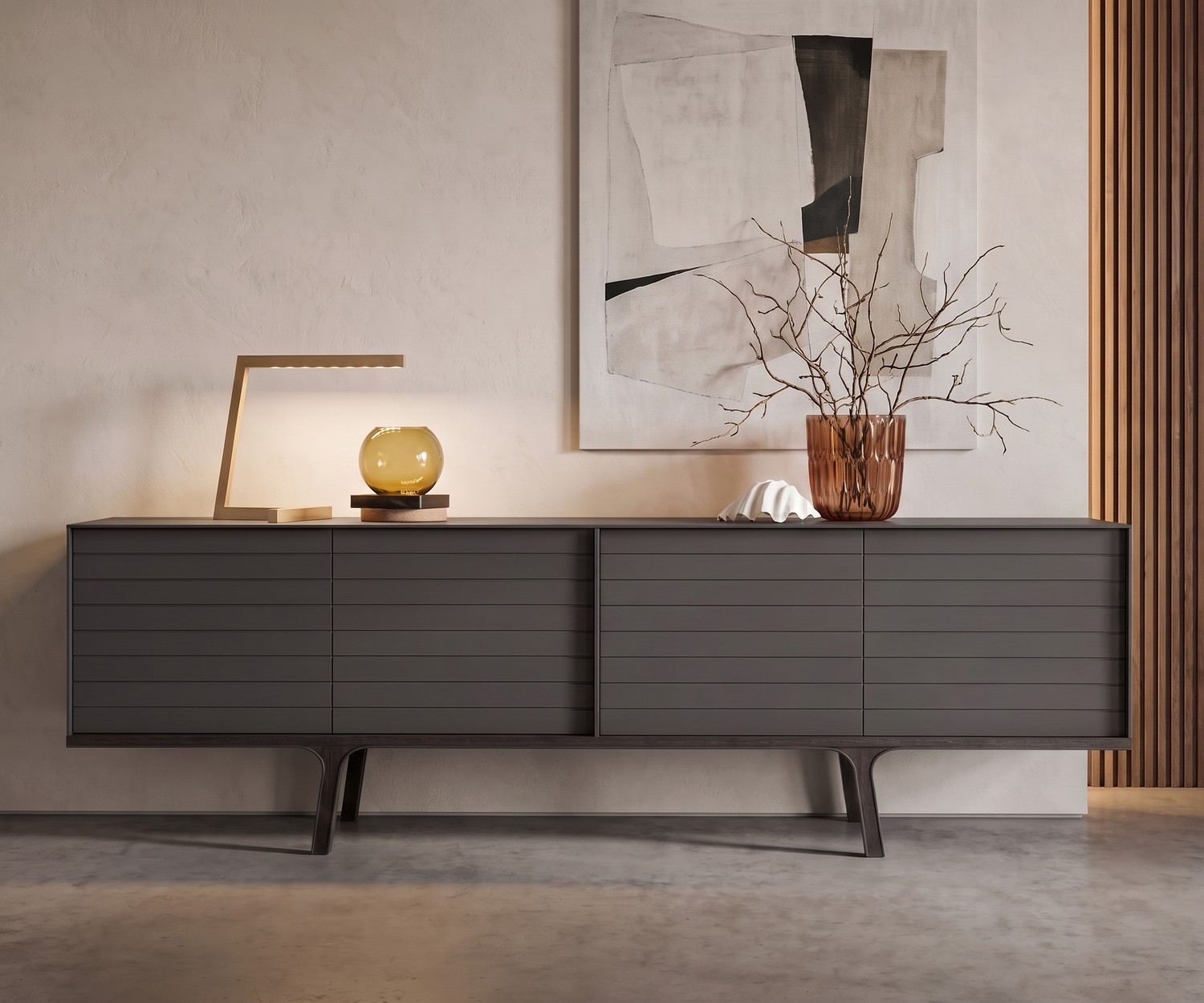 al2 Mobius 002 design dressoir in donkergrijs al2 Mobius 002 dressoir voor de woonkamer in mat donkergrijs met houten poten, minimalistisch modern interieur.