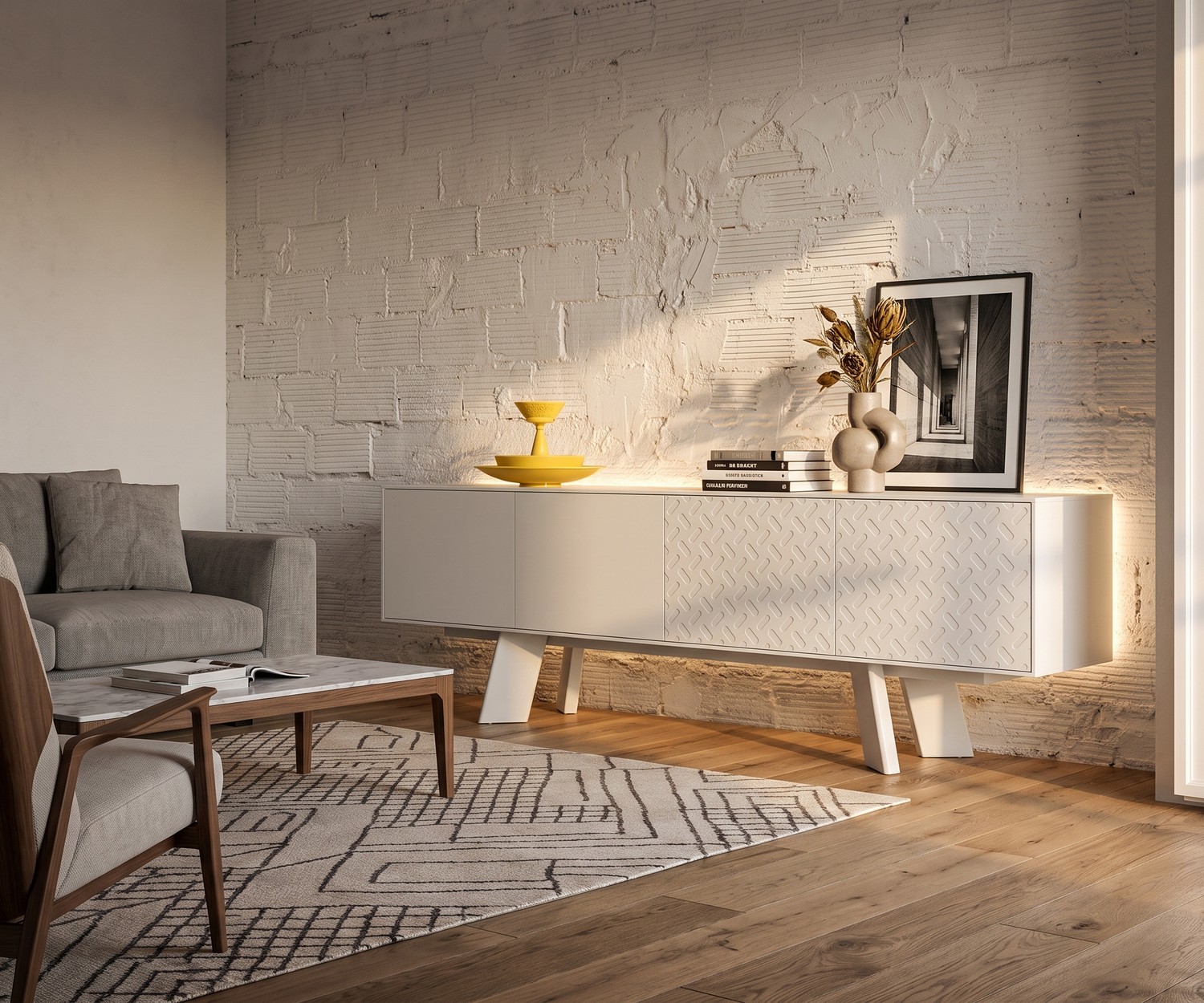 Buffet design al2 Alhambra 003 blanc dans un salon. Enfilade avec portes texturées et pieds en bois chaleureux.