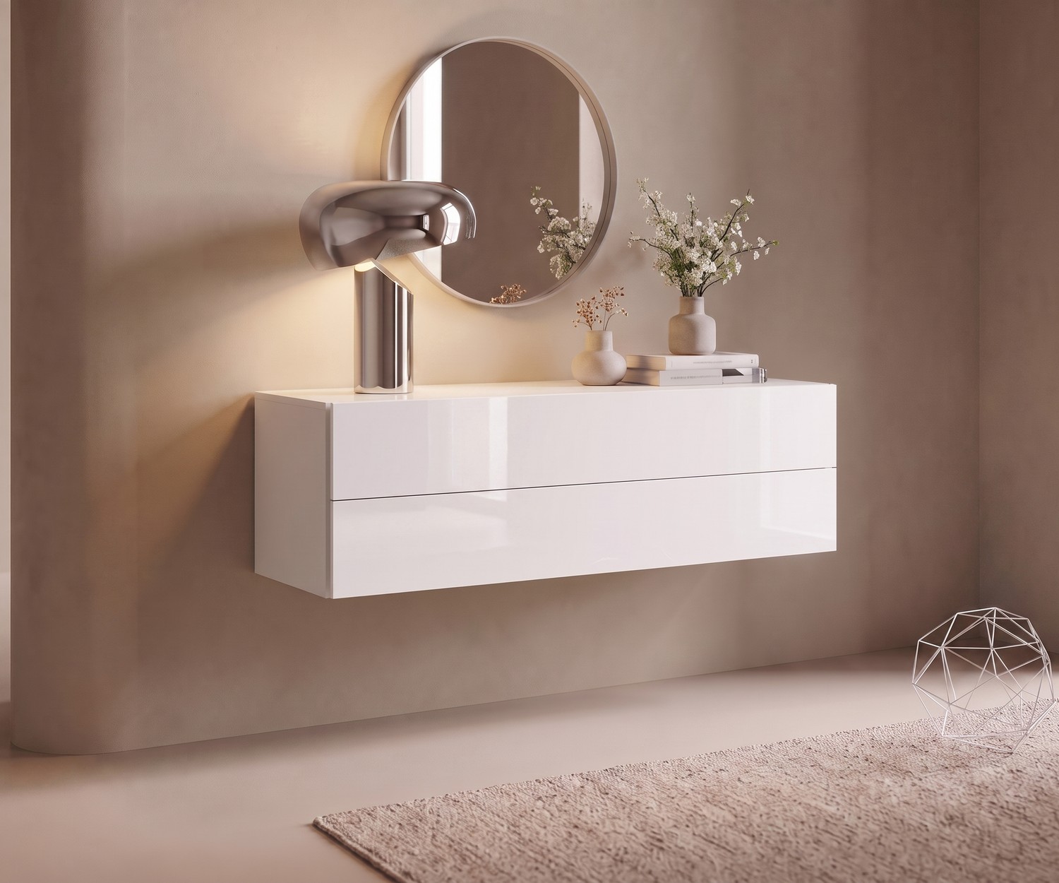 Commode suspendue blanche Novamobili Easy Commode suspendue Novamobili Easy pour l'entrée, blanc laqué brillant, design minimaliste avec miroir rond.