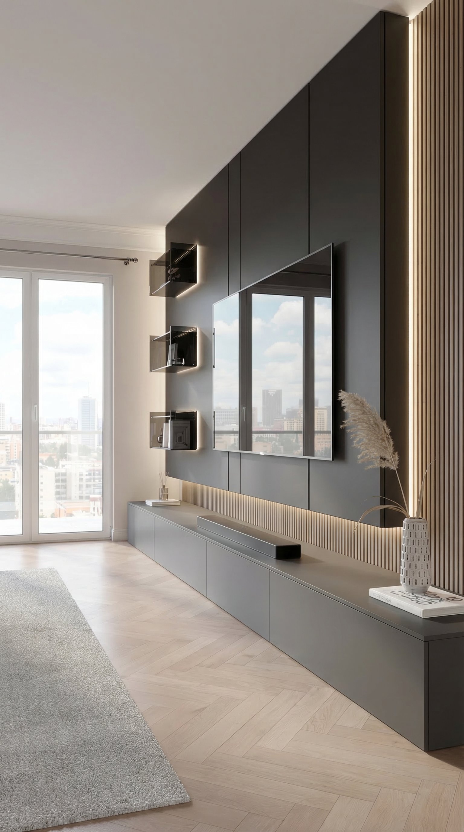 Een luxueuze, donkere tv-wandmeubel met LED-achtergrondverlichting, houten lamellen en perfect ge&iuml;ntegreerde televisie zonder zichtbare kabels.