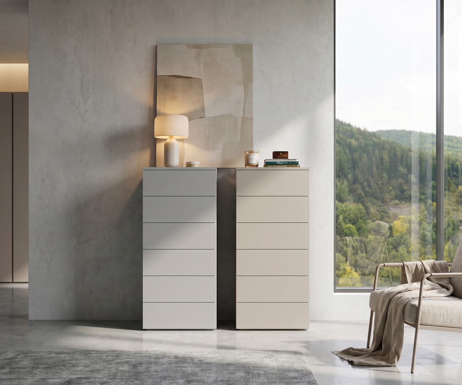 Livitalia Atena hoge ladekast voor de slaapkamer, minimalistische ladenkasten in wit en beige met 6 laden in modern design.