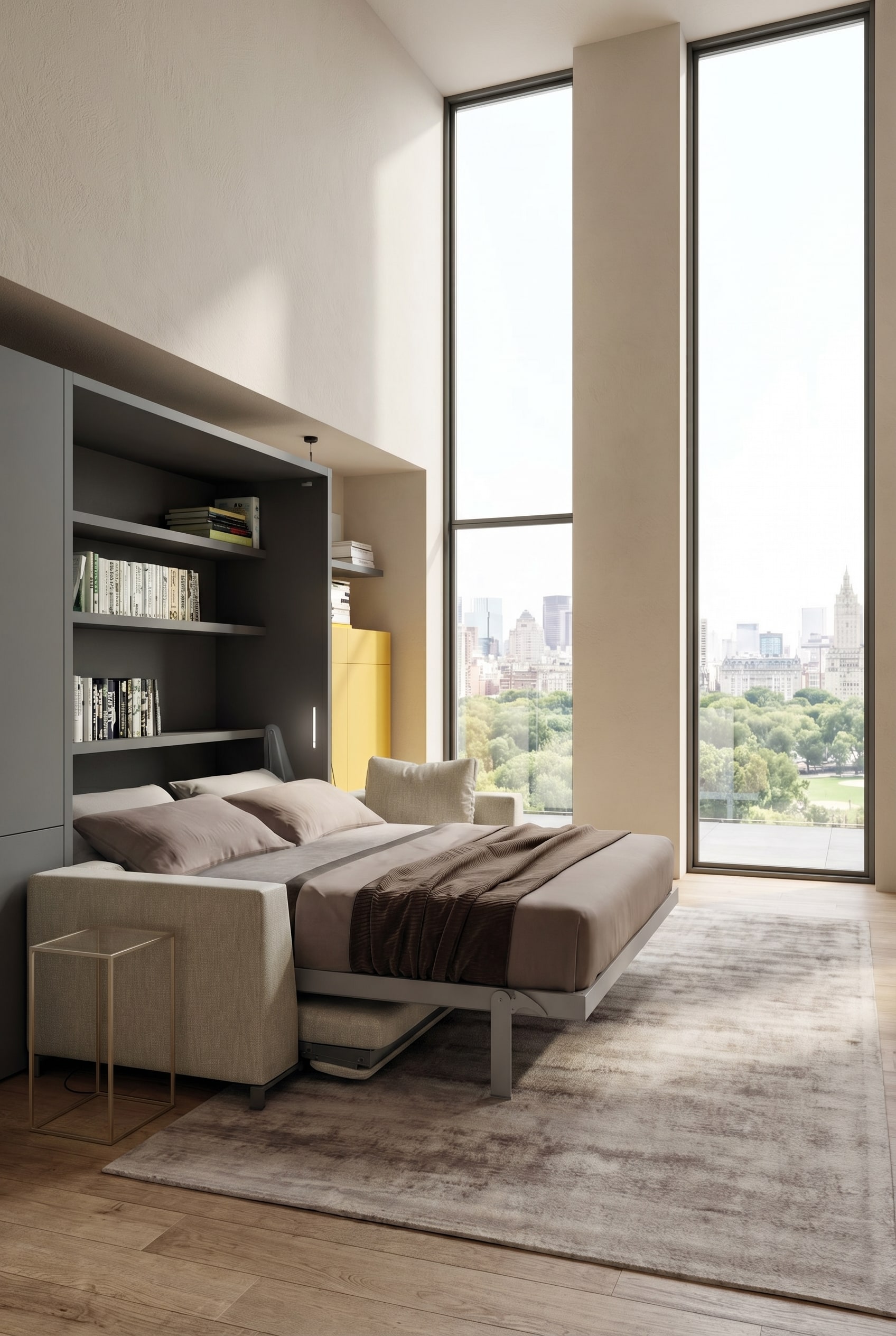 Un salon moderne de style luxe italien moderne avec un lit escamotable déplié et un canapé intégré dans des tons clairs. Un salon moderne de style luxe italien moderne avec un lit escamotable déplié et un canapé intégré dans des tons clairs.