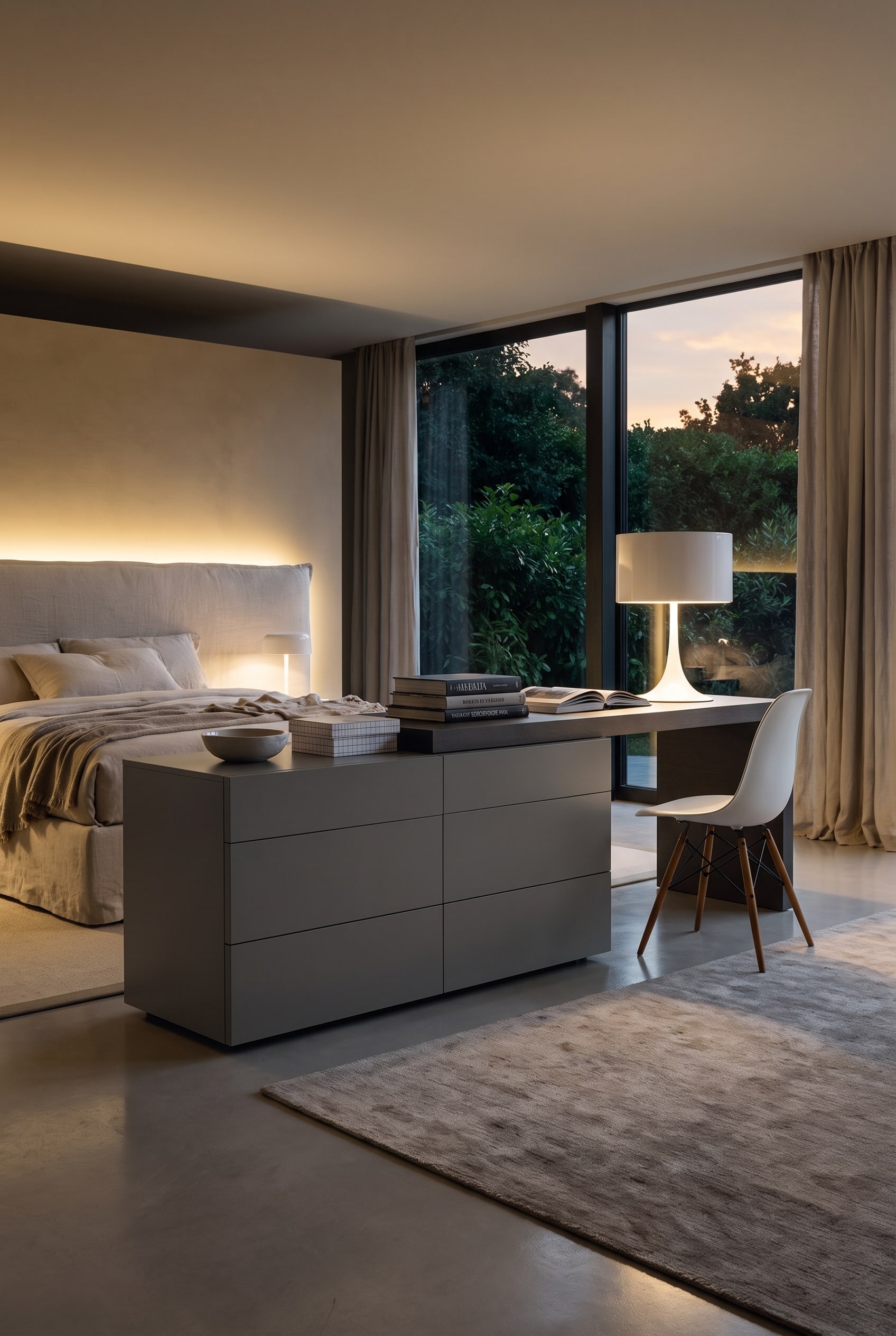 Chambre luxueuse avec une combinaison de commode en ch&ecirc;ne fonc&eacute; et de bureau int&eacute;gr&eacute;, d&eacute;cor&eacute;e d'une lampe de table et de livres d'art.