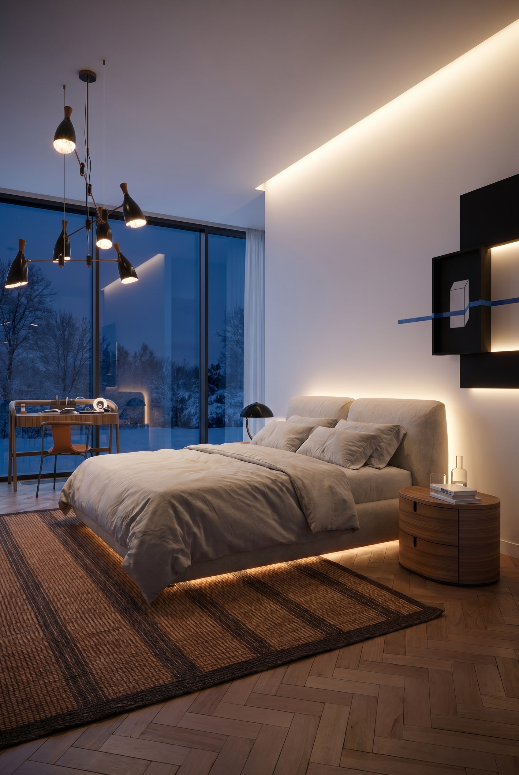 Chambre &eacute;l&eacute;gante avec lit rembourr&eacute; beige volumineux et une douce aur&eacute;ole lumineuse sur le mur blanc arri&egrave;re