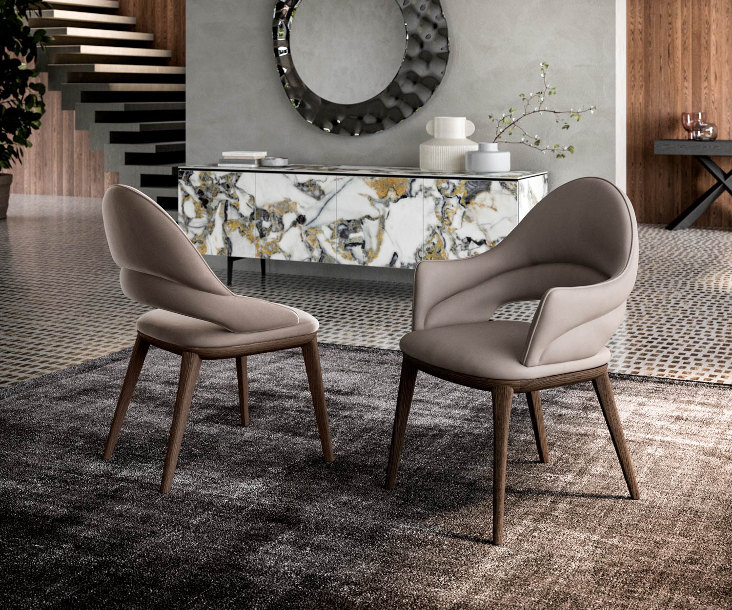 Moderne gestoffeerde stoel met zachtgrijze bekleding in zwart eiken Carbone Moderne gestoffeerde stoel met zachtgrijze bekleding in zwart eiken Carbone