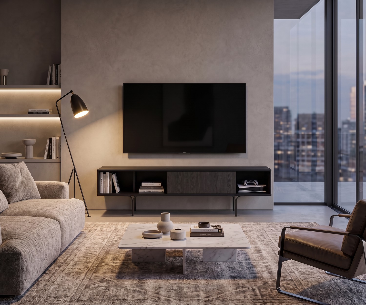 al2 Mobius 005 design TV-lowboard met eucalyptus lade al2 Mobius 005 TV-lowboard in een moderne woonkamer, donkerhouten tv-meubel met elegante poten en open vakken.