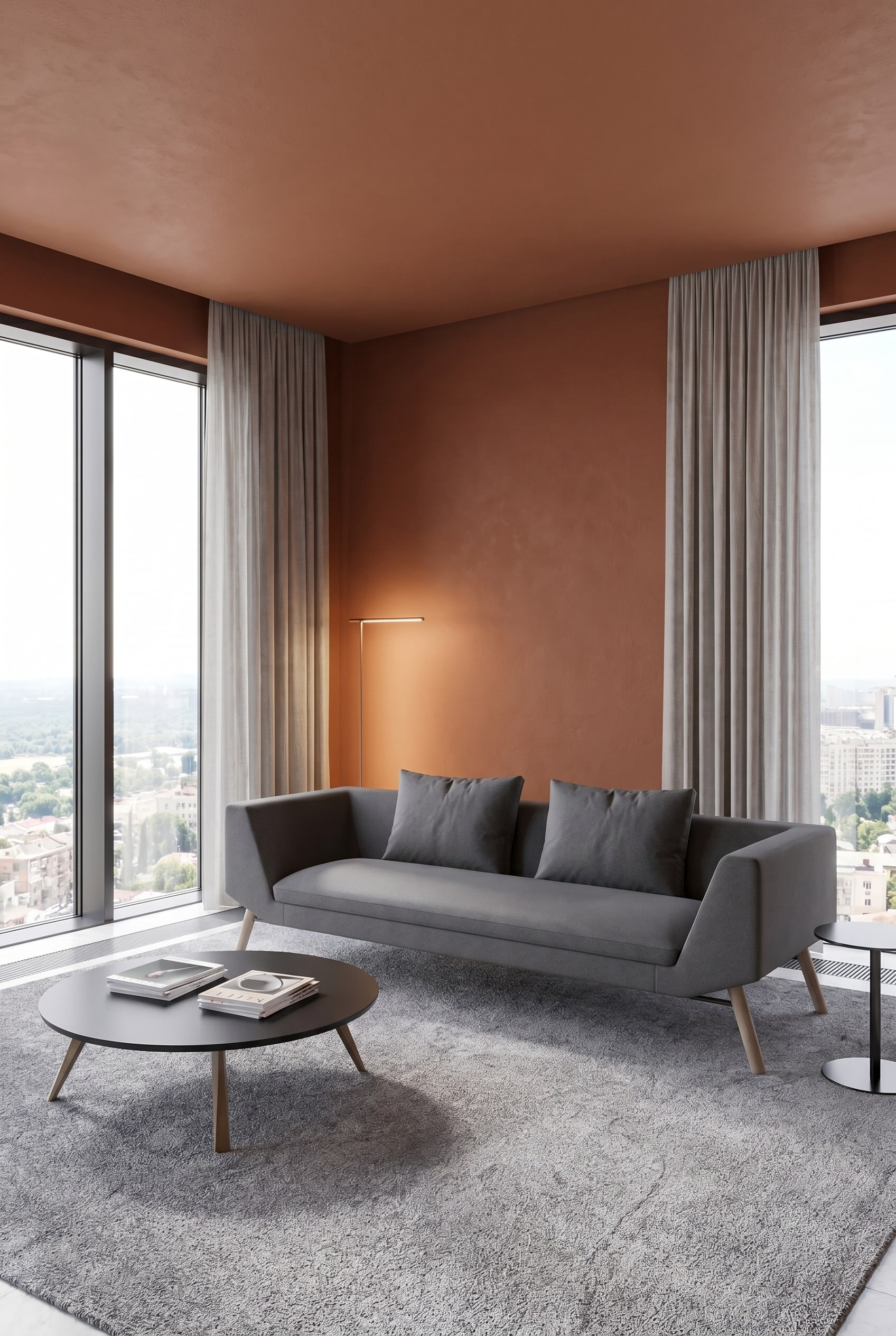 Grand canap&eacute; lumineux Prostoria Combine dans un salon ouvert avec des murs aux couleurs chaudes de la terre