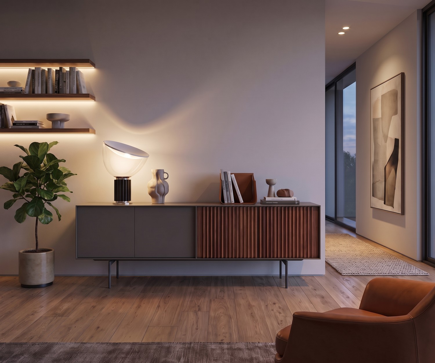 Modern al2 ka-bera 003 B dressoir met houten lamellen al2 ka-bera 003 B dressoir in de woonkamer. Modern design dressoir in mat grijs en houten lamellen.