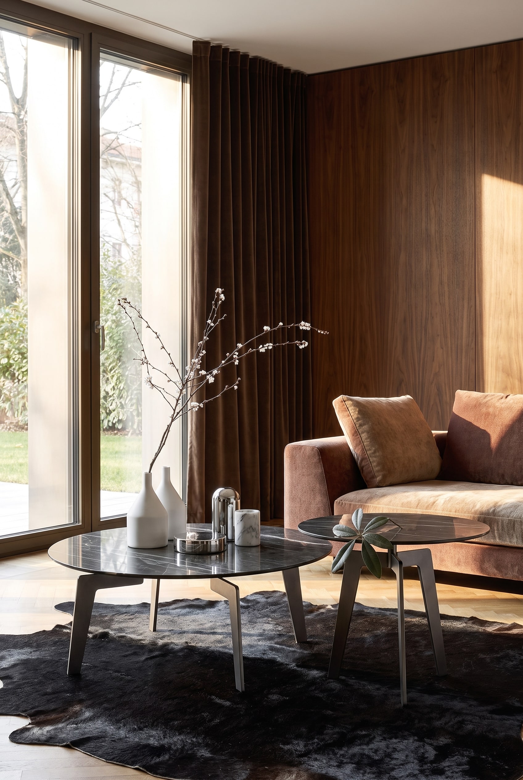 Table d'appoint ronde avec plateau en marbre &agrave; c&ocirc;t&eacute; d'un fauteuil dans une pi&egrave;ce moderne avec de grandes fen&ecirc;tres
