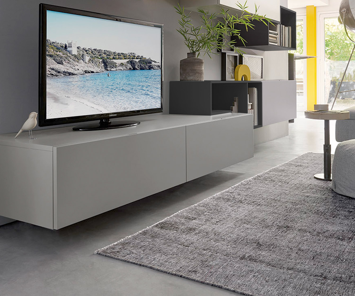 Tétris Design Meuble-paroi C19 avec TV Design Lowboard en laque grise mate