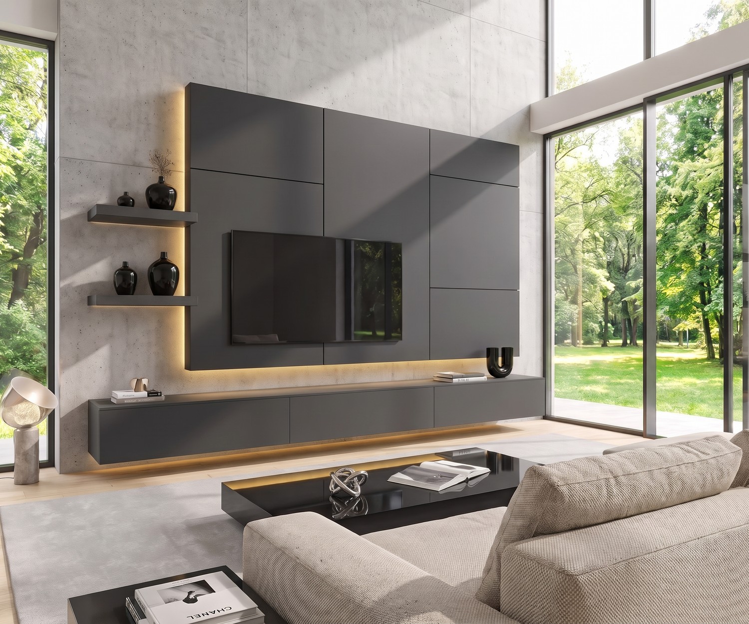 Livitalia C102 TV-meubel wand: Moderne meubelwand in antraciet met zwevend lowboard en led-verlichting in woonkamer.