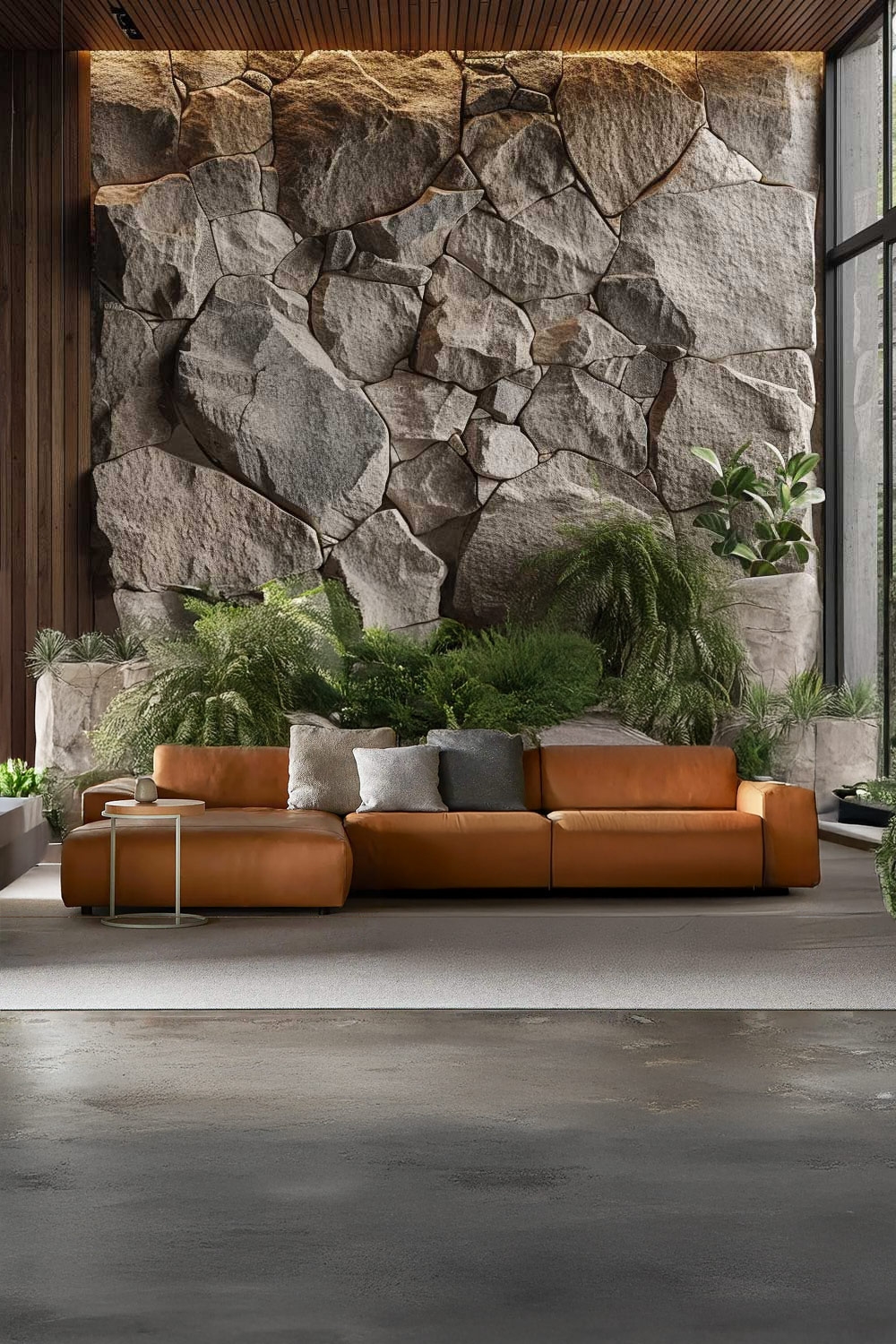 canapé en cuir couleur cognac devant un mur aspect pierre avec des détails végétaux verts
