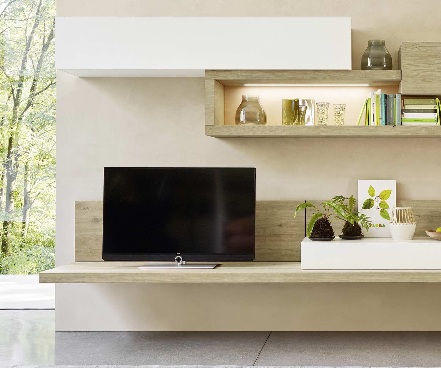 Exclusieve Livitalia TV design wandplank hangende plank boekenkast in licht eiken Exclusieve Livitalia TV design wandplank hangende plank boekenkast in licht eiken
