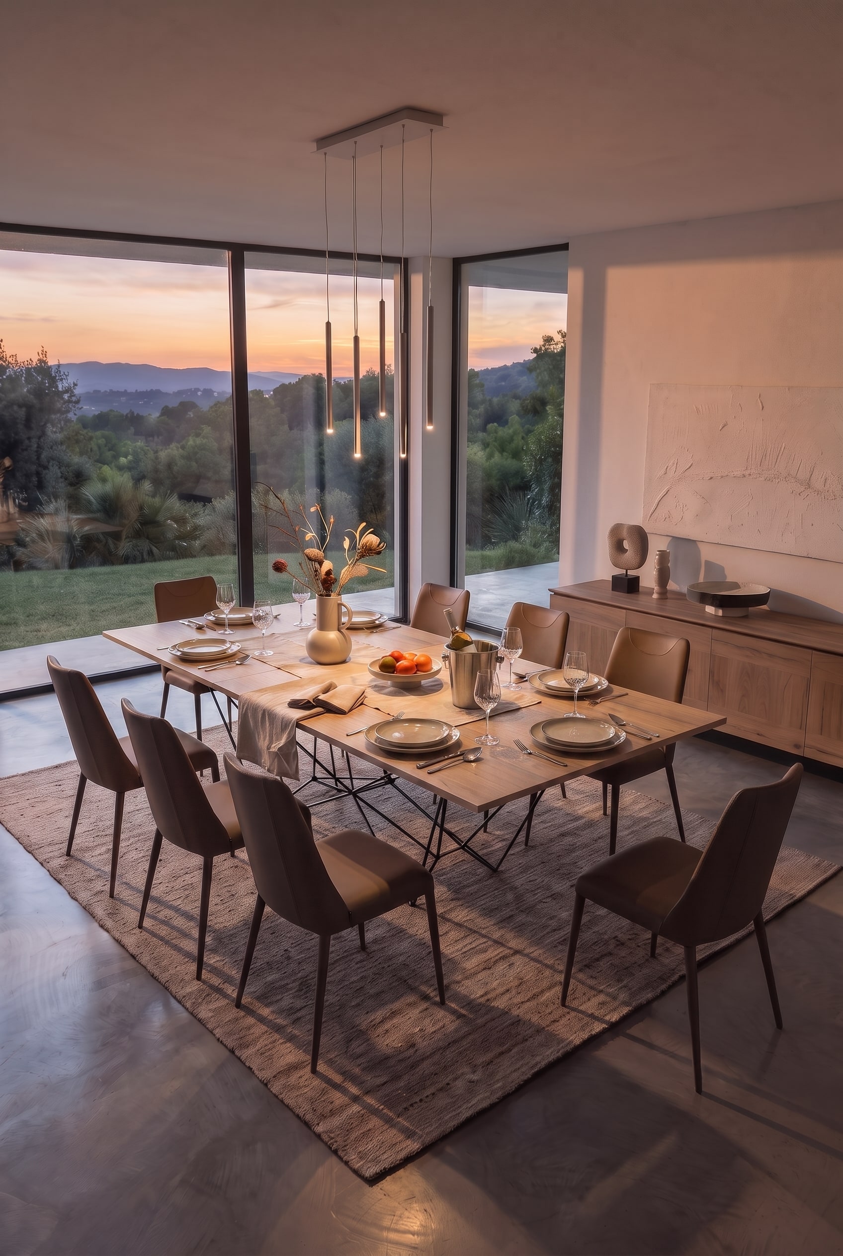 Table à manger dressée de manière festive pour huit personnes avec assiettes, couverts, verres à vin et rafraîchisseur de vin au coucher du soleil.