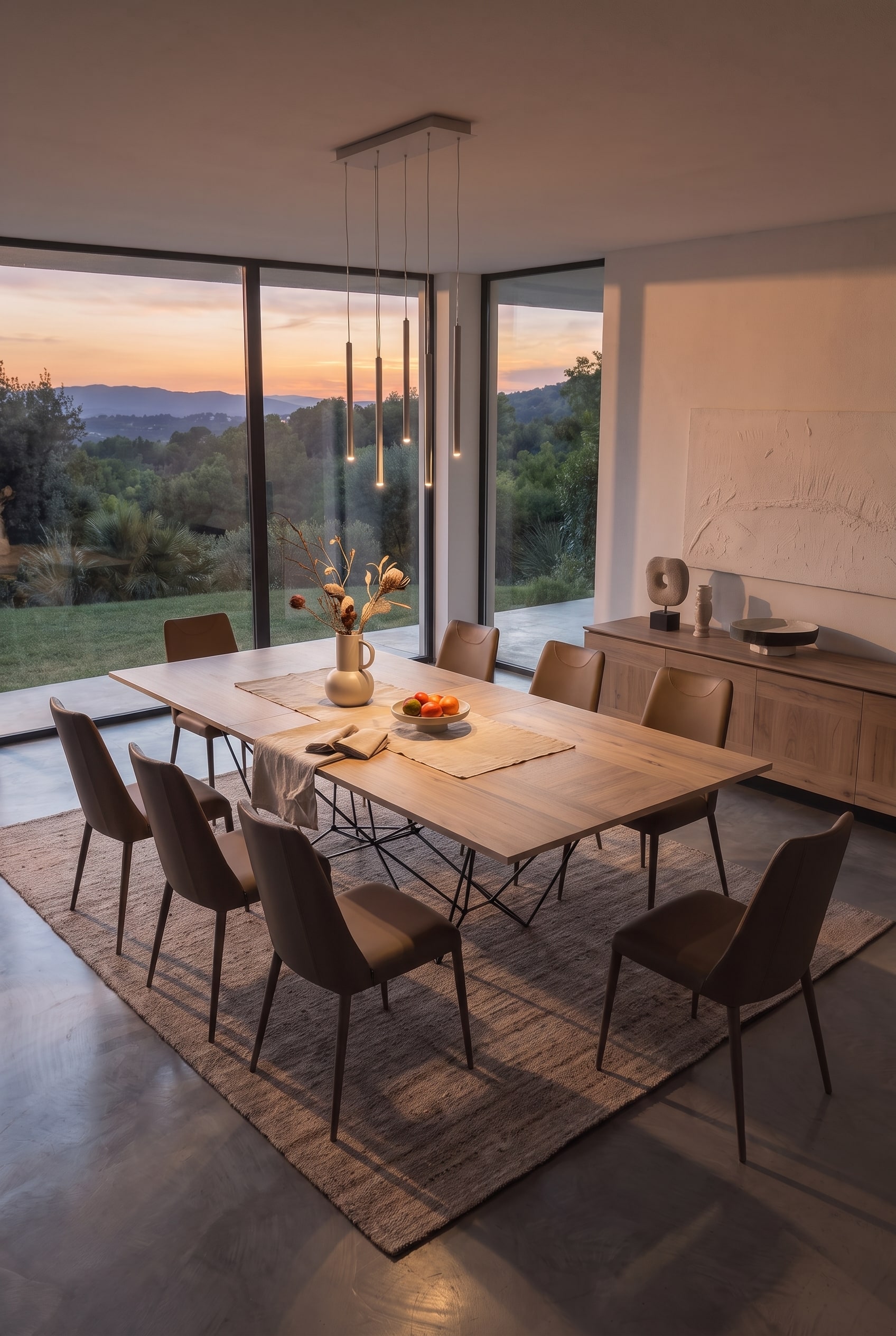 Une table à manger moderne entièrement déployée avec de la place pour jusqu'à douze personnes dans une pièce élégamment aménagée.