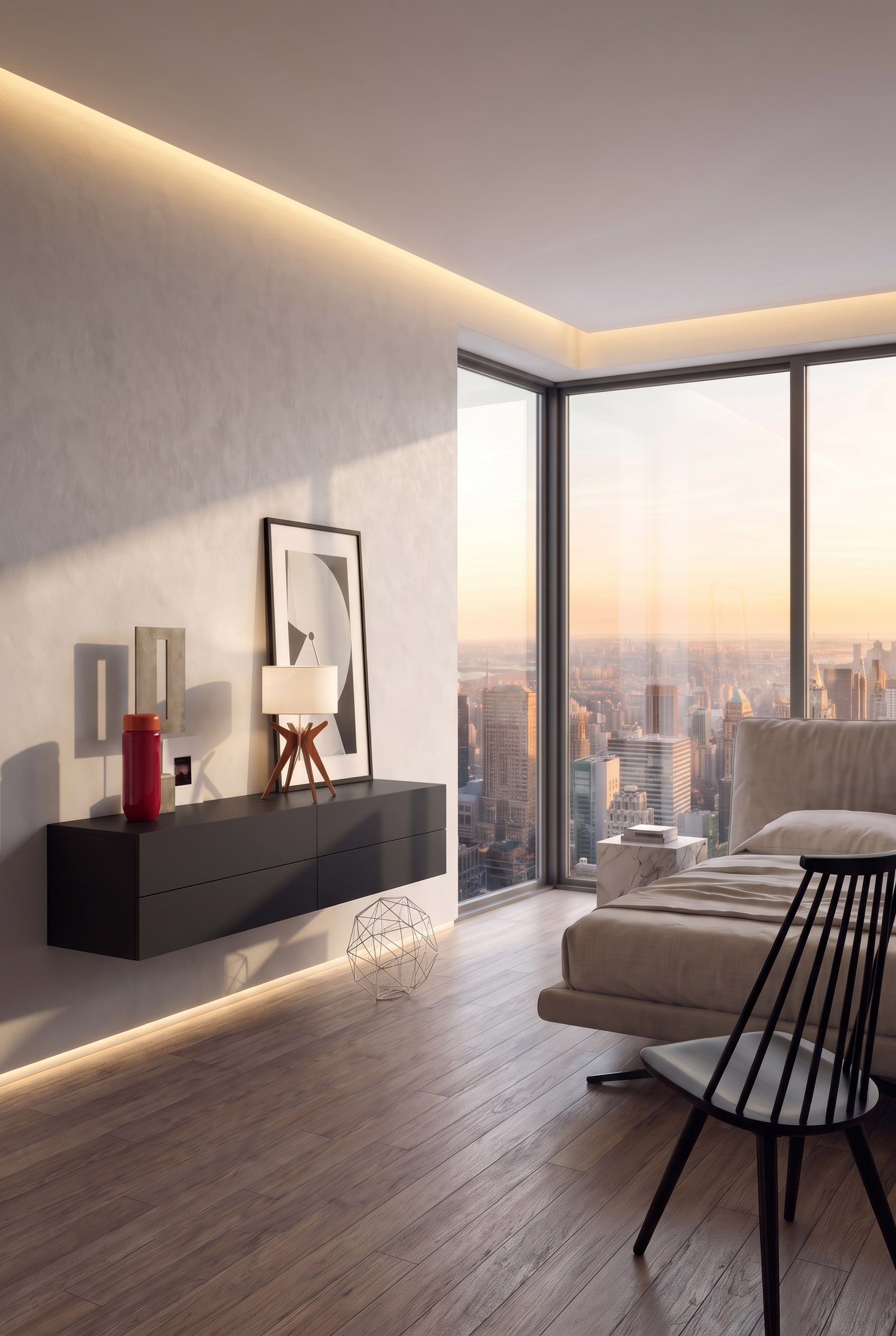 Chambre moderne avec commode suspendue flottante au mur et &eacute;clairage LED indirect sous le meuble