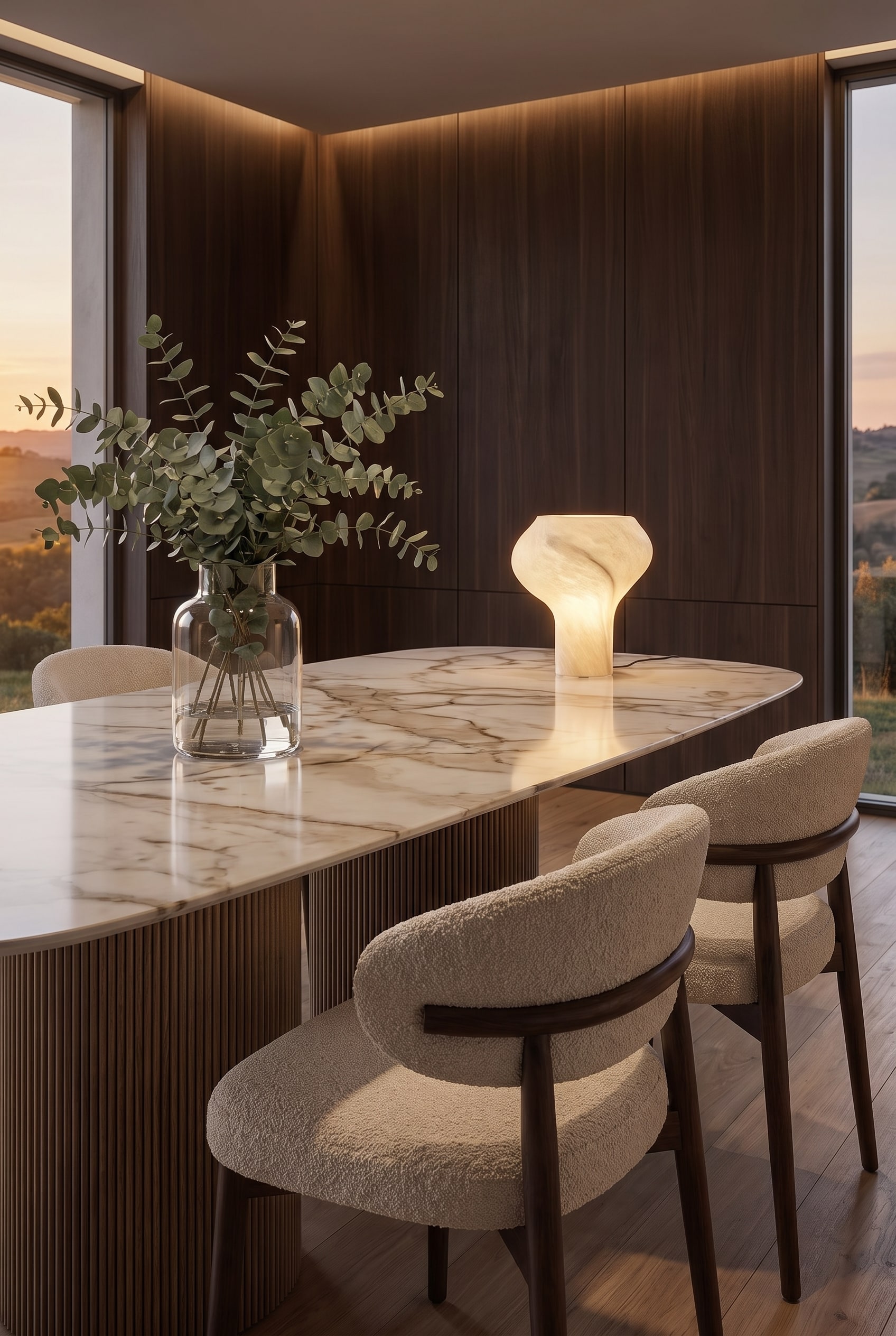 Table &agrave; manger moderne al2 dakry b 001 dans une salle &agrave; manger luxueuse et chaleureusement &eacute;clair&eacute;e, qui valorise visuellement l'espace.