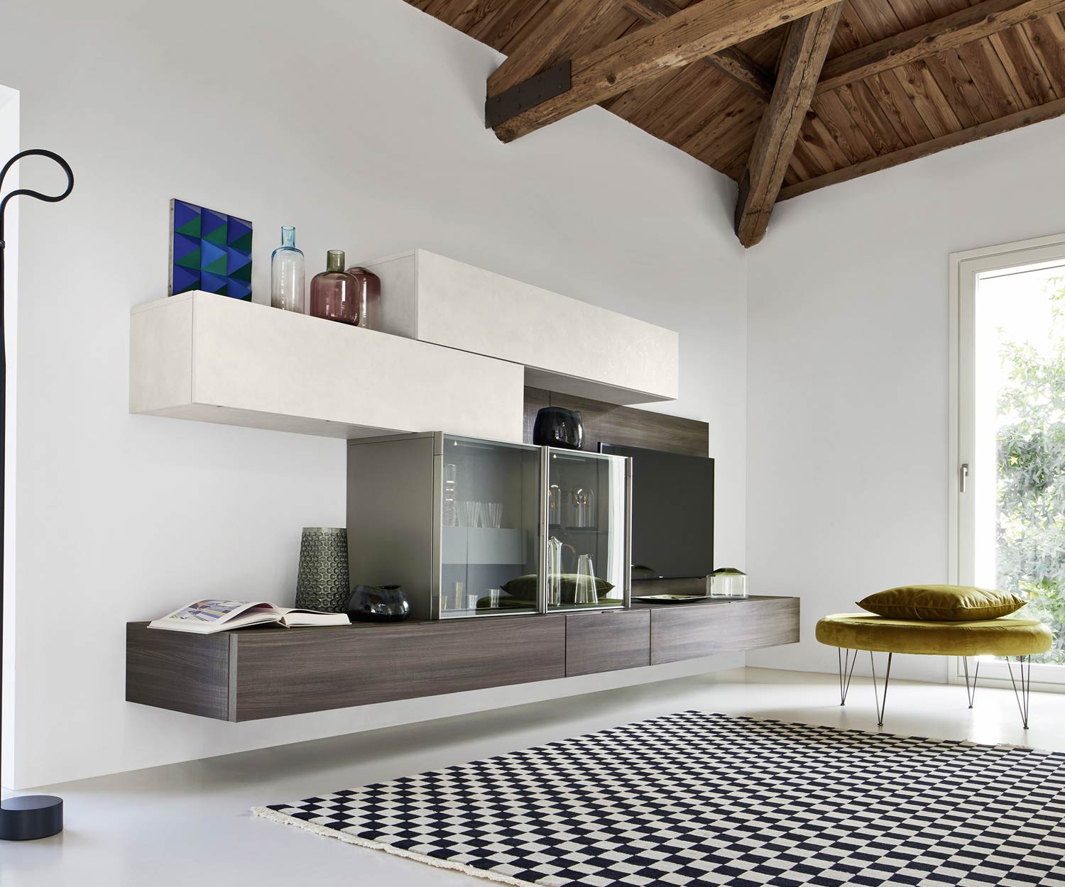 Exclusif Livitalia Meuble-paroi suspendu design C35 en orme avec vitrine en verre Exclusif Livitalia Meuble-paroi suspendu design C35 en orme avec vitrine en verre