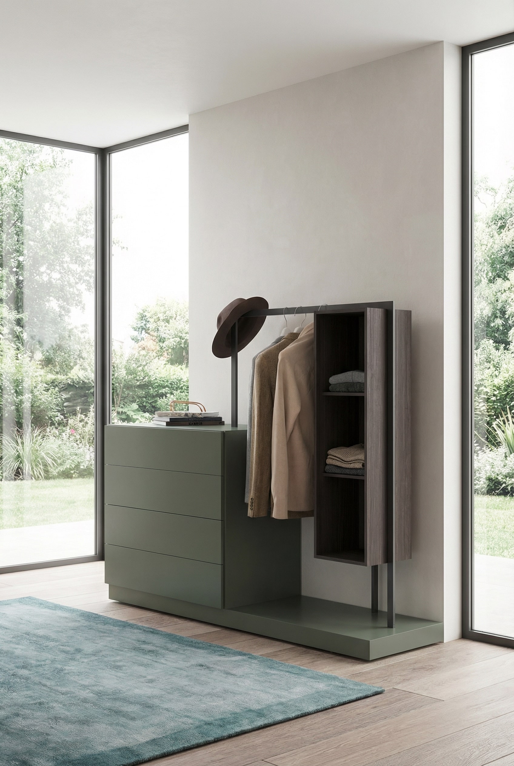 Novamobili Commode Easy 4 met ge&iuml;ntegreerde kledingkast in een open slaapkamerconcept.