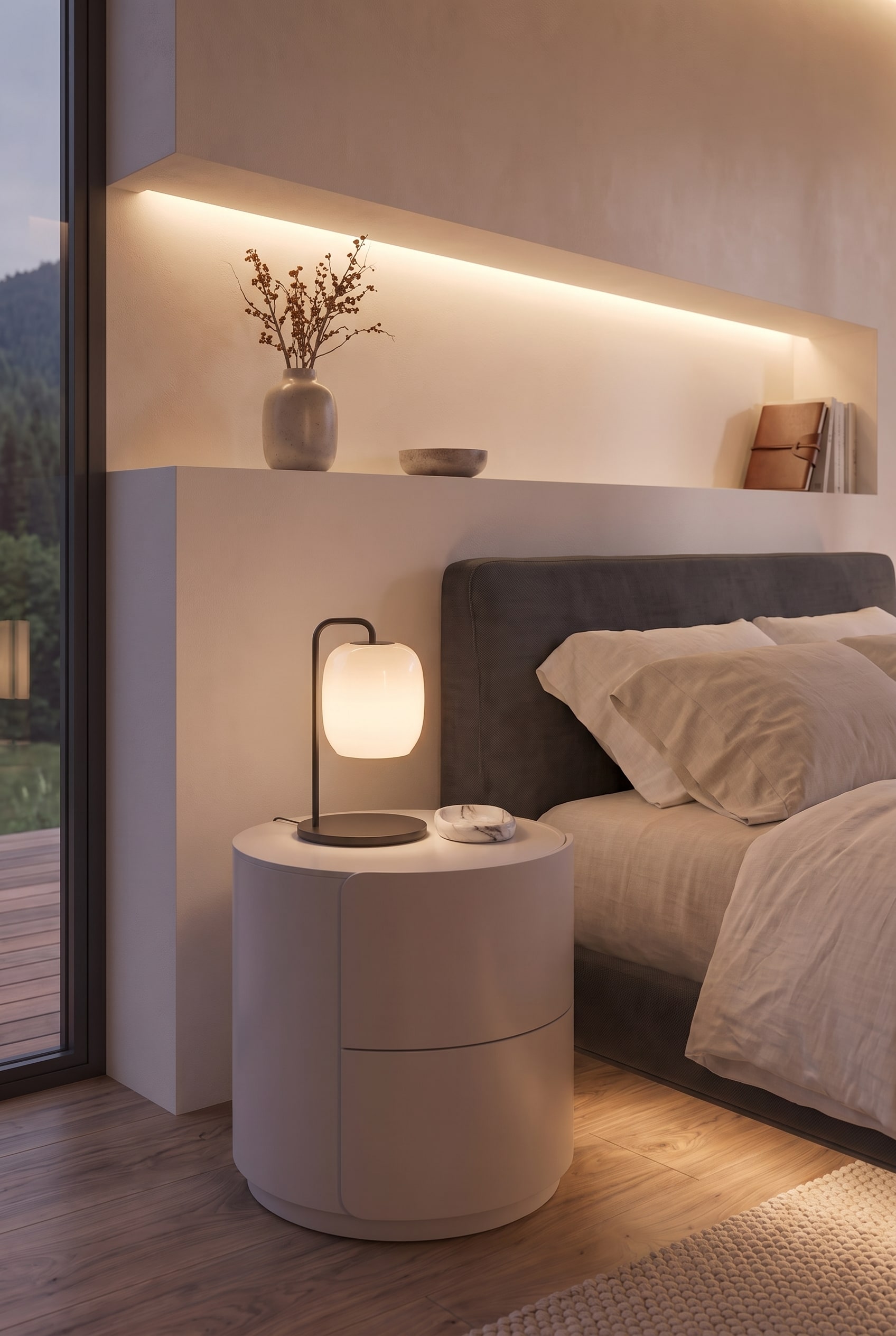 Vue d&eacute;taill&eacute;e de la table de chevet ronde, montrant la poign&eacute;e lat&eacute;rale asym&eacute;trique encastr&eacute;e et les joints parfaits.